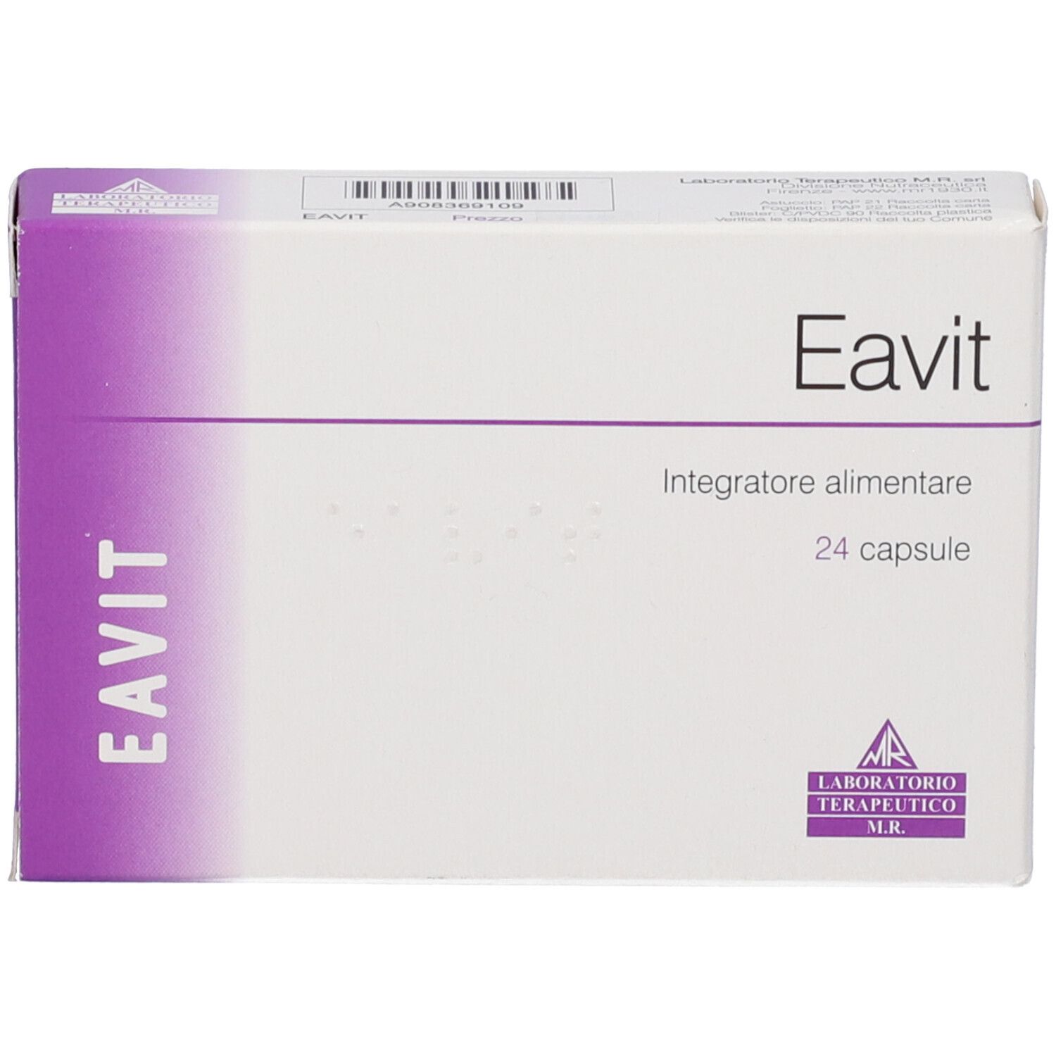 Confezione Eavit. Scatola bianca con dettagli viola. Scritto: Eavit, 24 capsule. Logo: Laboratorio Terapeutico M.R.