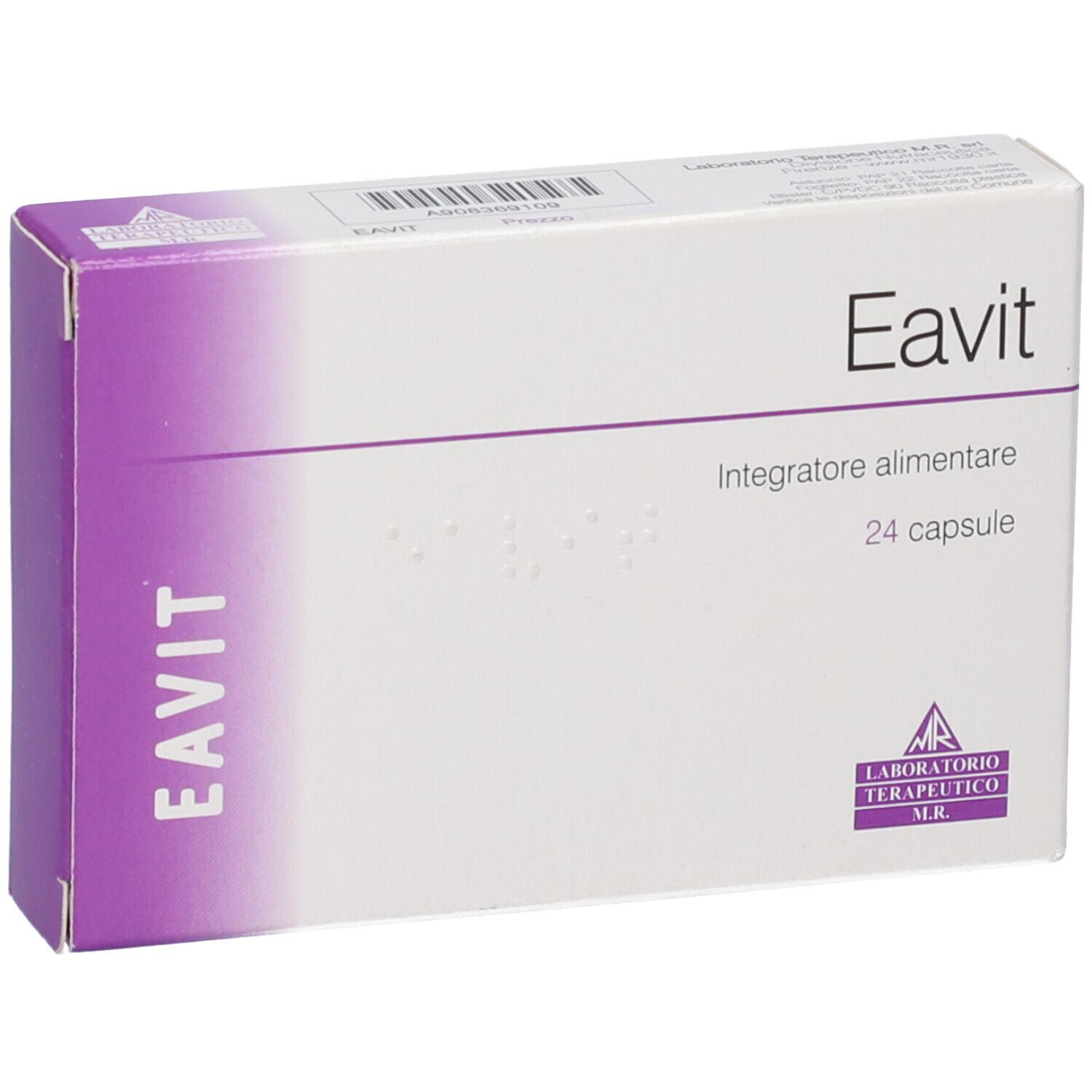 Confezione Eavit. Scatola bianca con dettagli viola. Scritto: Eavit, 24 capsule. Logo: Laboratorio Terapeutico M.R.