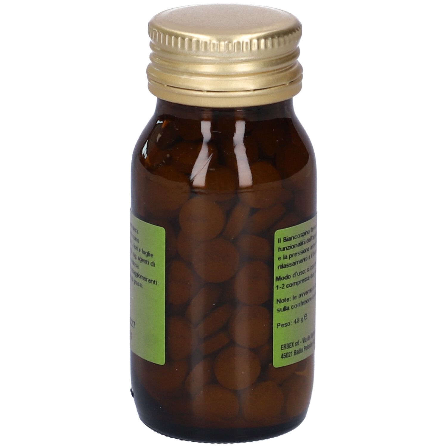 Flacone di vetro marrone con tappo dorato. Retro con testo ed etichetta verde. Compresse visibili.