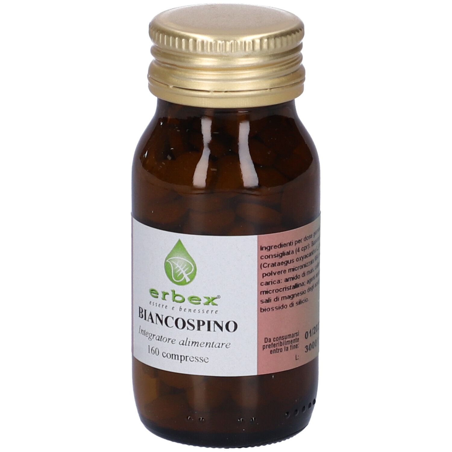 Flacone di vetro marrone con tappo dorato. Etichetta con nome del prodotto e logo. Compresse visibili.