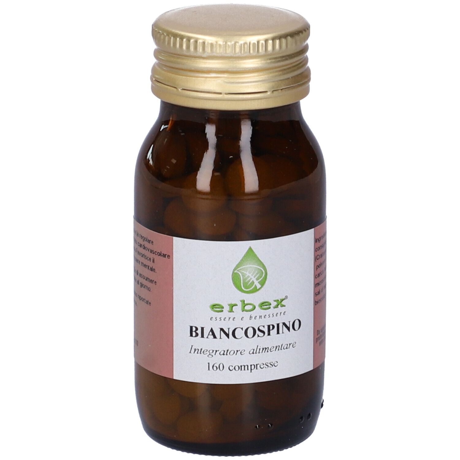 Flacone di vetro marrone con tappo dorato. Etichetta con nome del prodotto e logo. Compresse visibili.