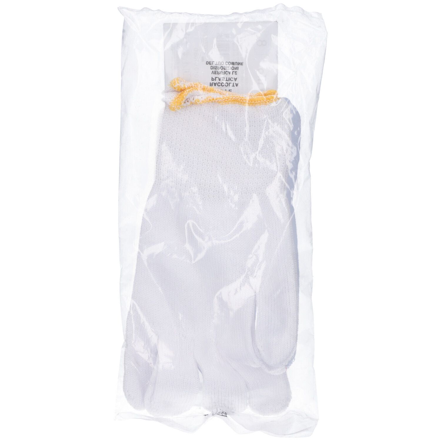 Guanti bianchi in cotone in confezione di plastica. Chiusura gialla. Vista dall'alto.