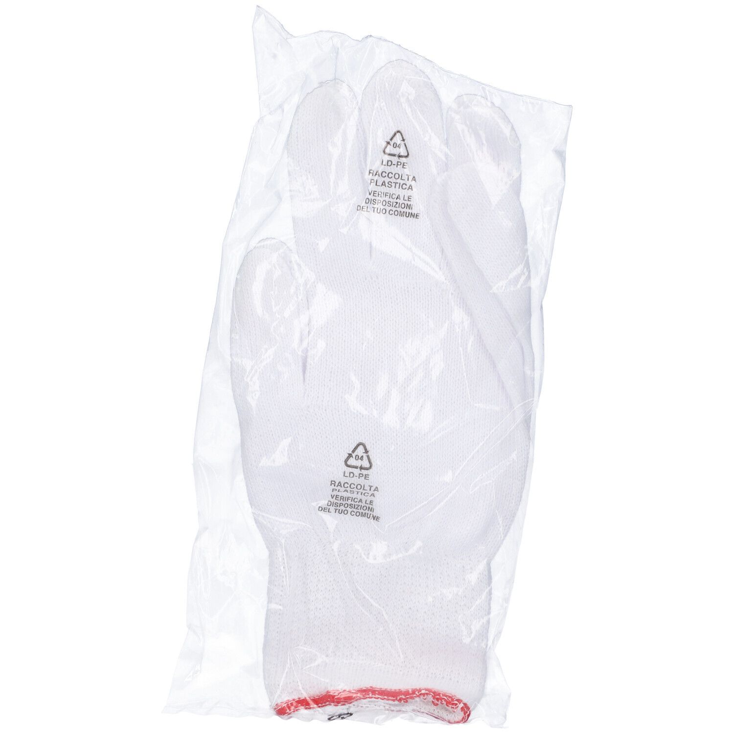Guanto bianco in cotone, taglia 9, in confezione di plastica. Orlo rosso visibile. Simboli di riciclaggio.