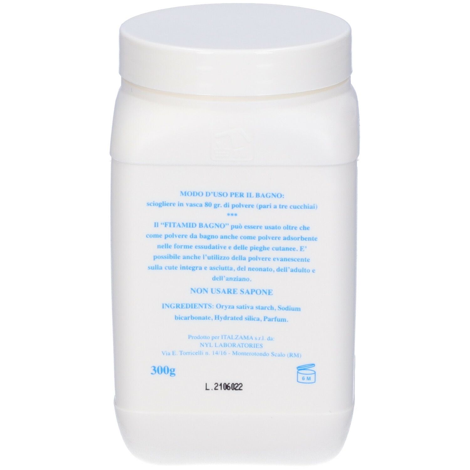 Contenitore bianco con tappo a vite. Retro con testo blu. Elenco ingredienti e istruzioni per l'uso.