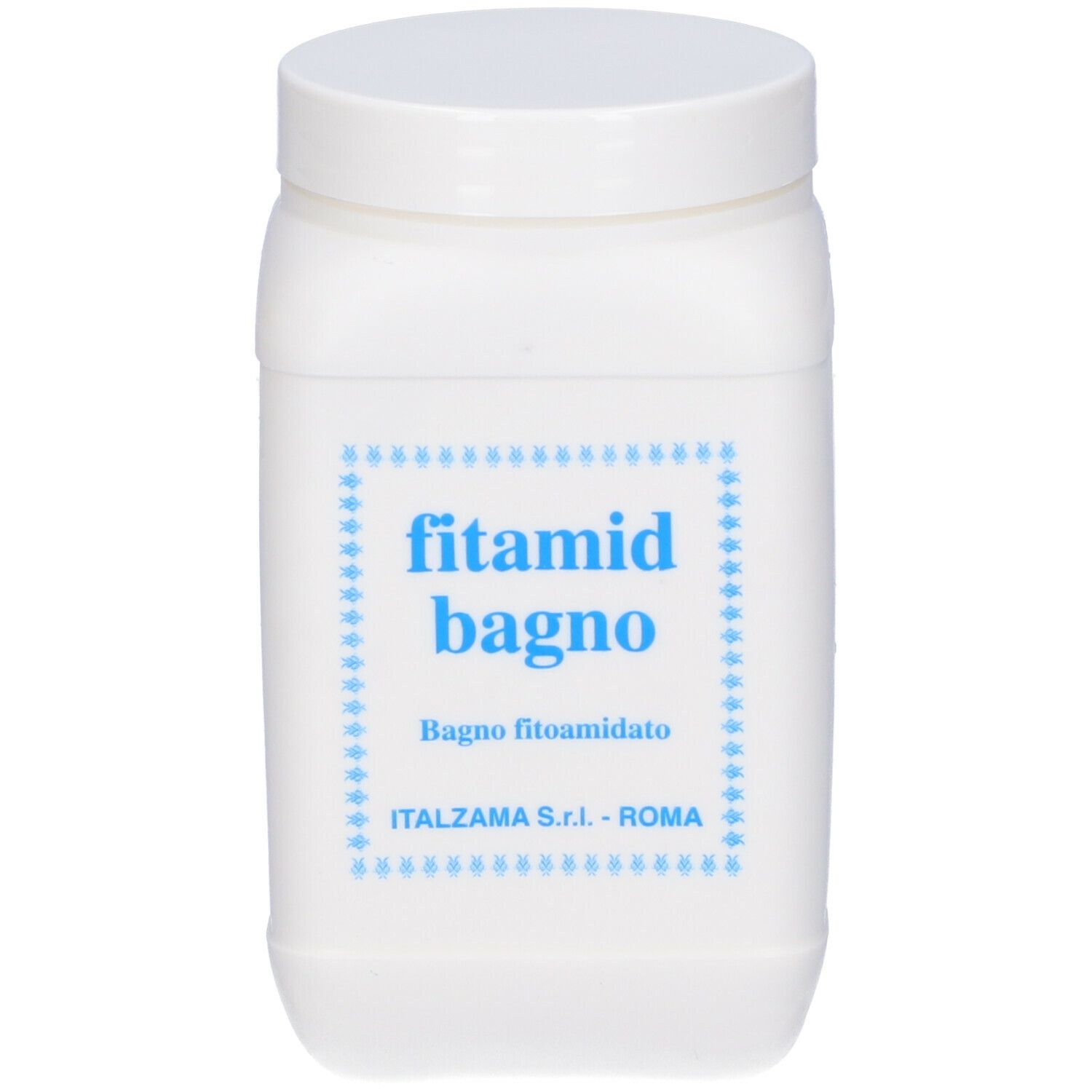 Contenitore bianco con tappo a vite ed etichetta blu. Scritta 'fitamid bagno' in blu.