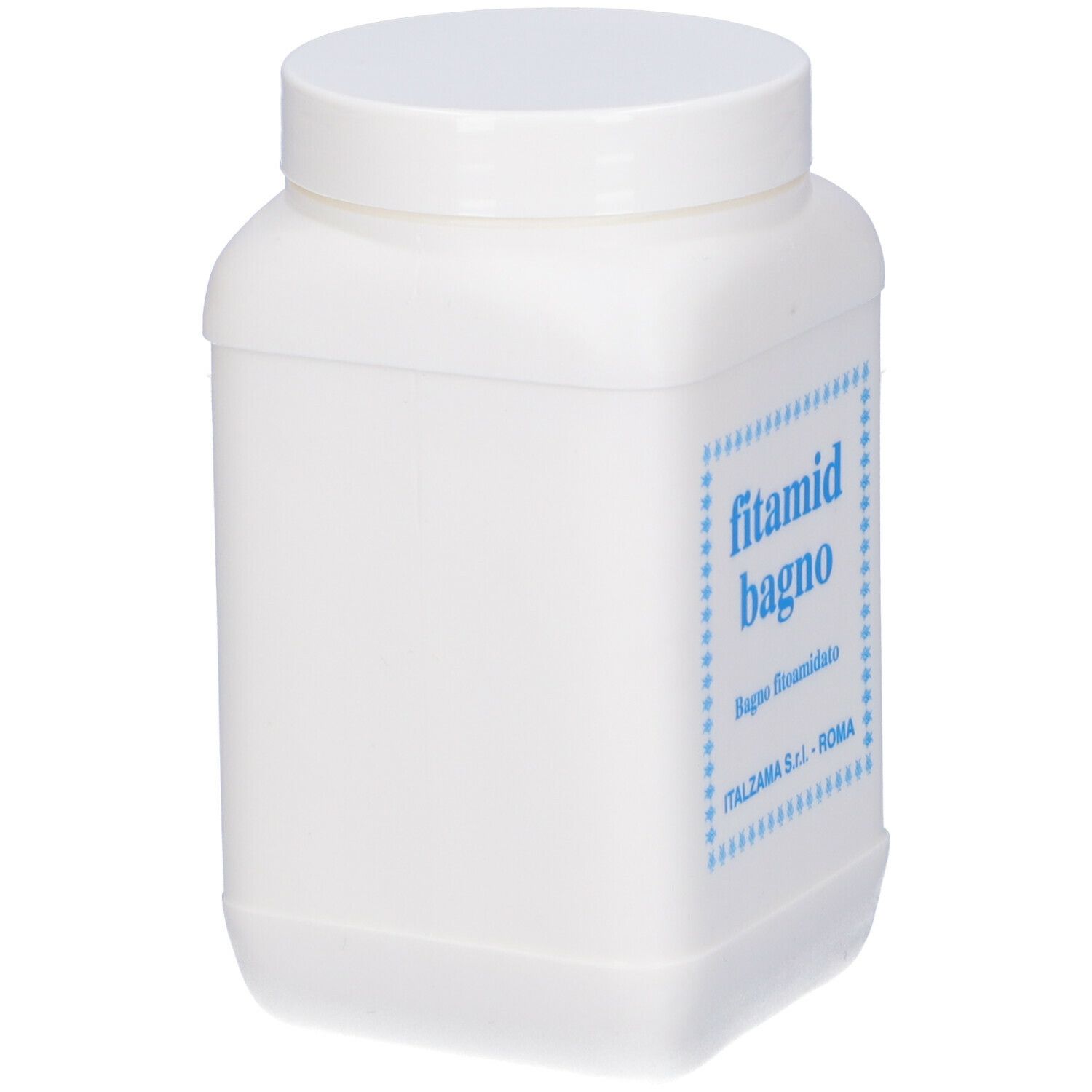 Contenitore bianco con tappo a vite ed etichetta blu. Scritta 'fitamid bagno' in blu.