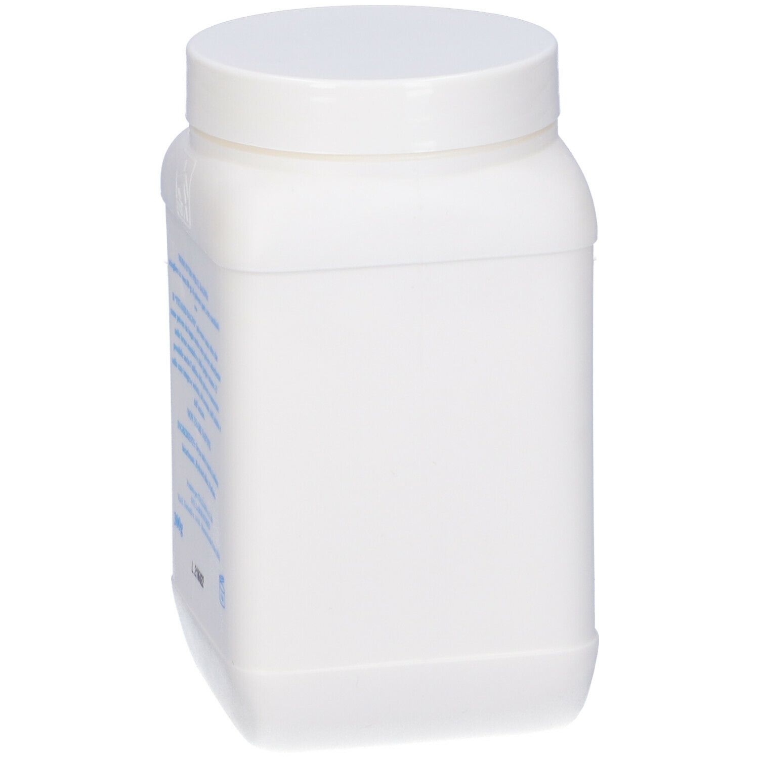 Contenitore bianco con tappo a vite. Retro con testo blu. Nessun altro dettaglio visibile.