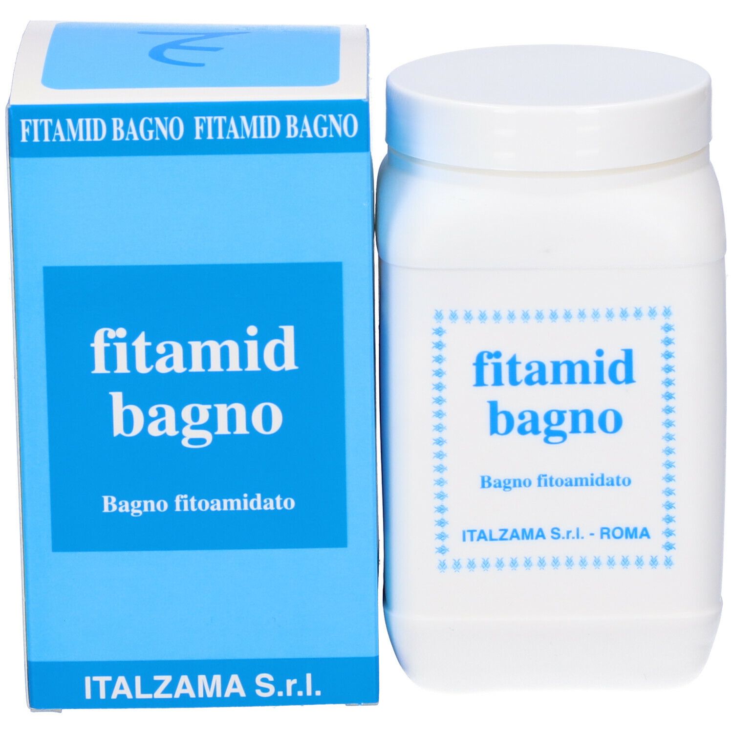 Contenitore bianco e scatola blu. Entrambi con 'fitamid bagno'. Marchio: ITALZAMA S.r.l.