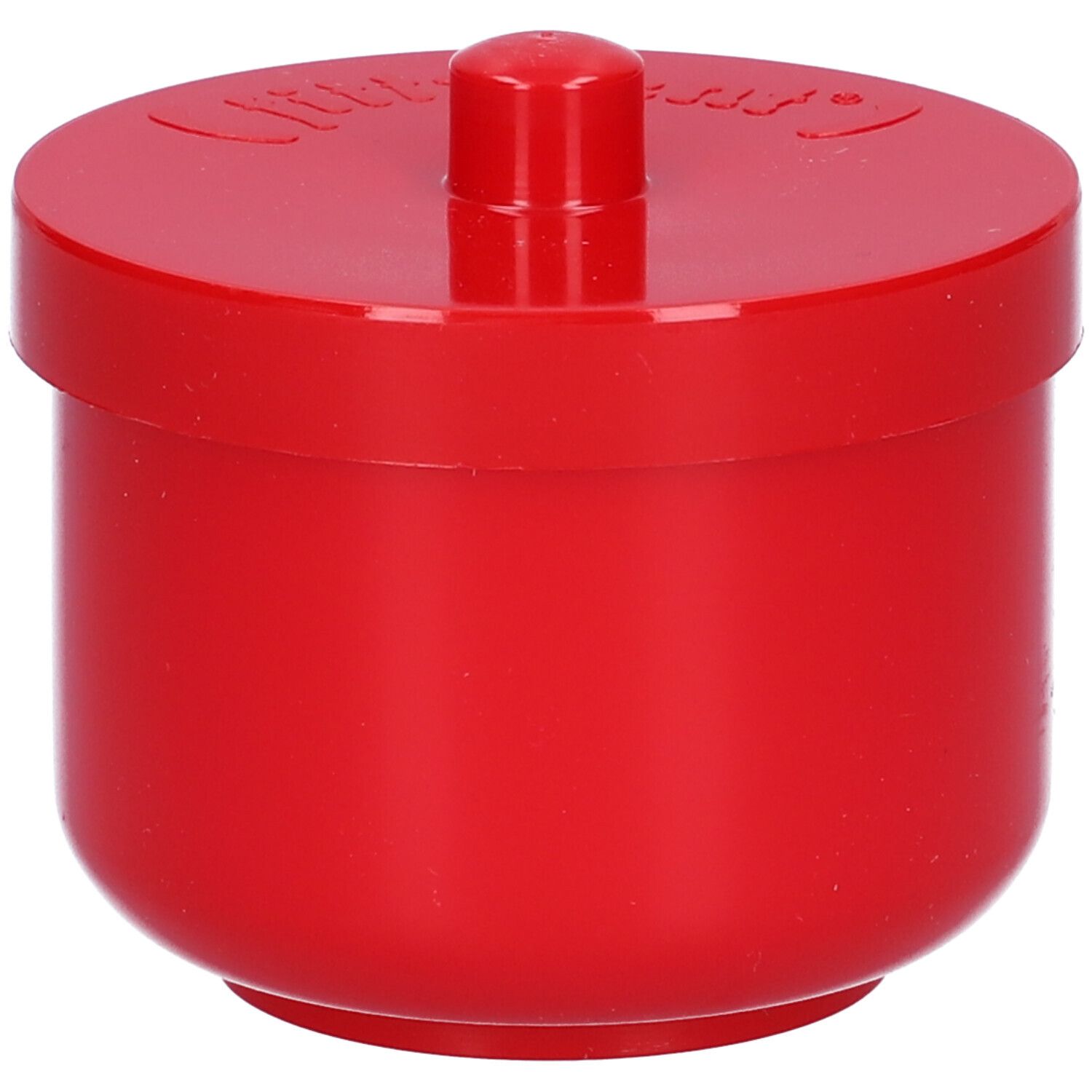 Fittydent Vaschetta Portaprotesi rossa con coperchio. Il coperchio ha una piccola maniglia. Il nome del marchio è sul coperchio.