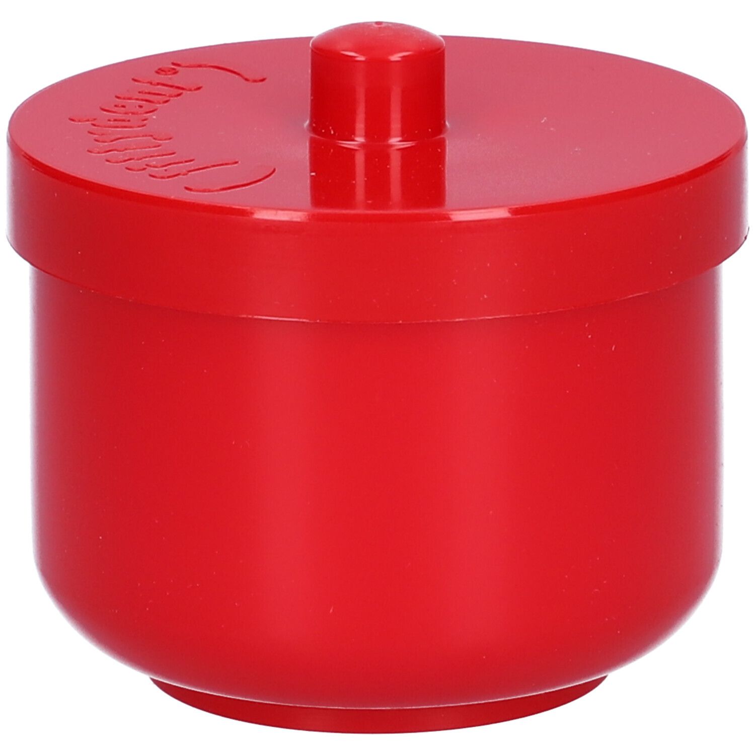 Fittydent Vaschetta Portaprotesi rossa con coperchio. Il coperchio ha una piccola maniglia. Il nome del marchio è sul coperchio.