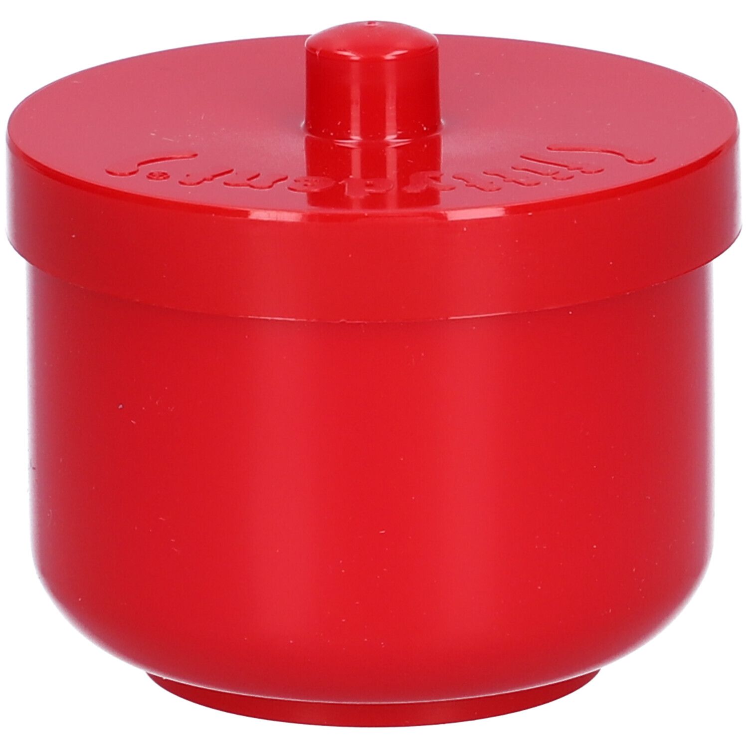 Fittydent Vaschetta Portaprotesi rossa con coperchio. Il coperchio ha una piccola maniglia. Il nome del marchio è sul coperchio.