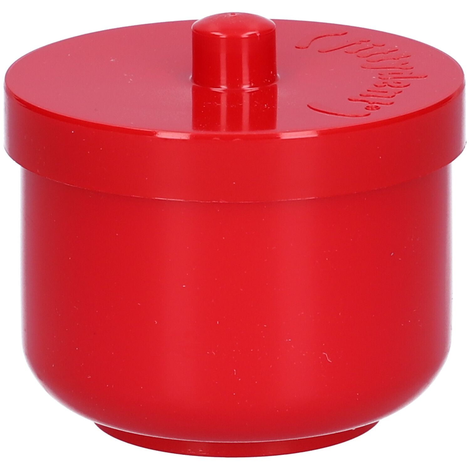 Fittydent Vaschetta Portaprotesi rossa con coperchio. Il coperchio ha una piccola maniglia. Il nome del marchio è sul coperchio.