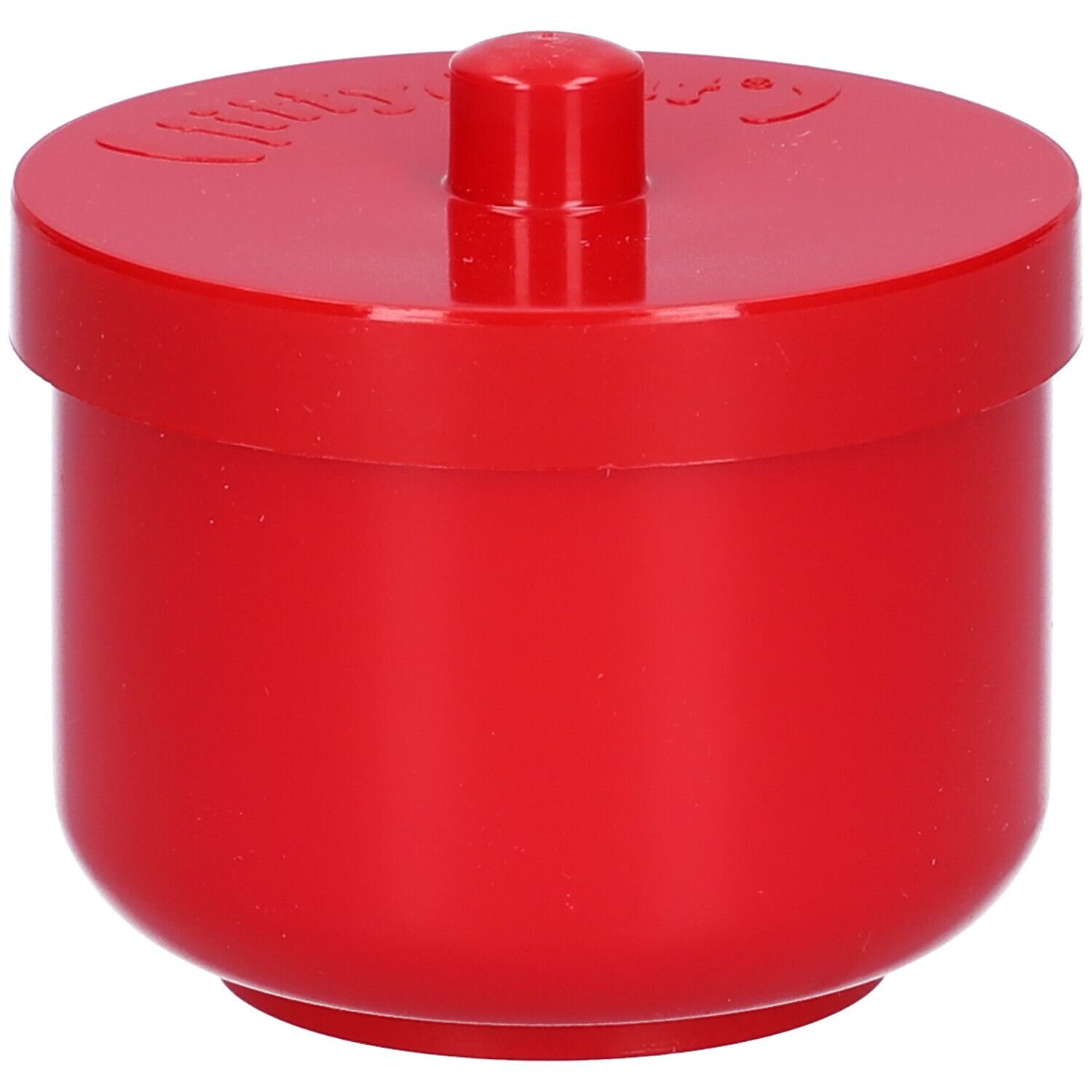 Fittydent Vaschetta Portaprotesi rossa con coperchio. Il coperchio ha una piccola maniglia. Il nome del marchio è sul coperchio.