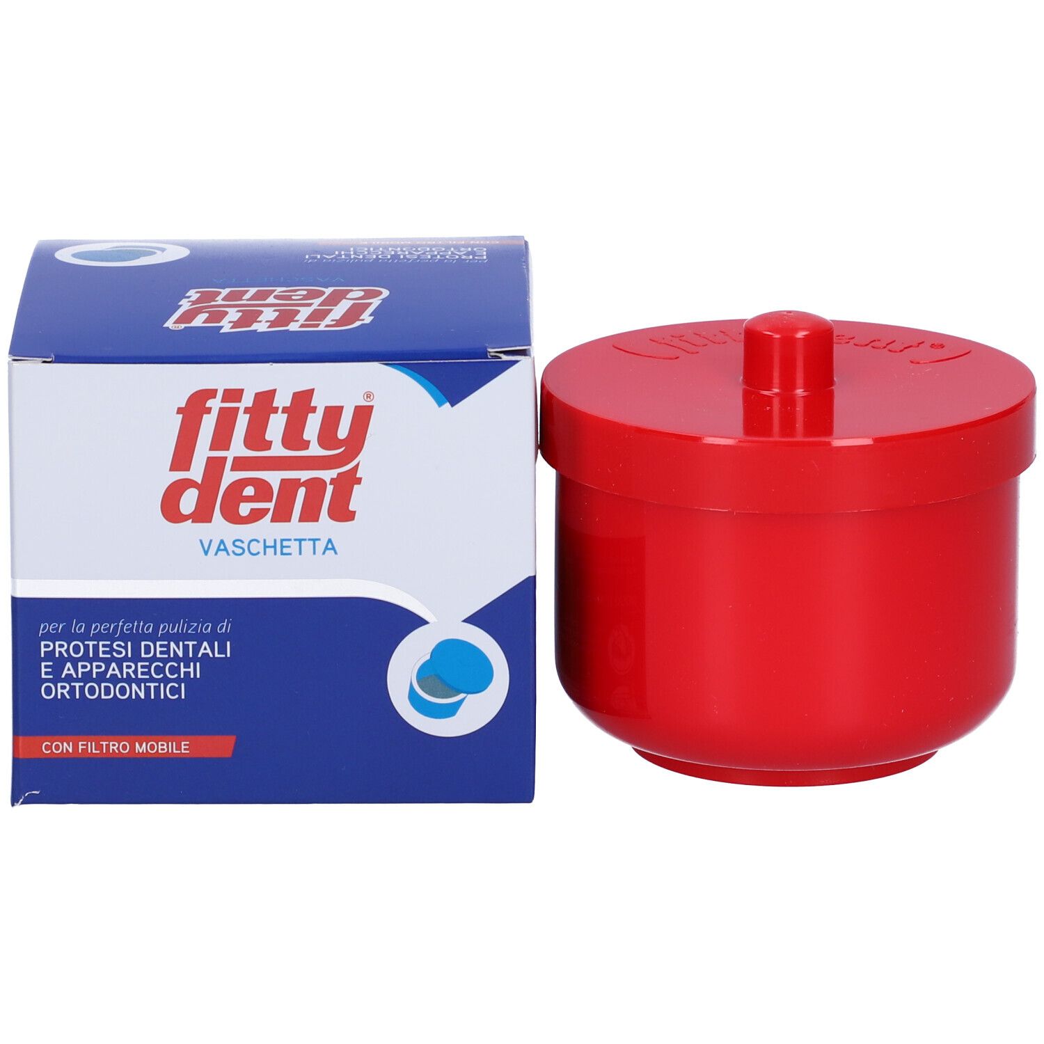 Fittydent Vaschetta Portaprotesi rossa con coperchio e confezione. Il nome del marchio e del prodotto è sulla confezione.