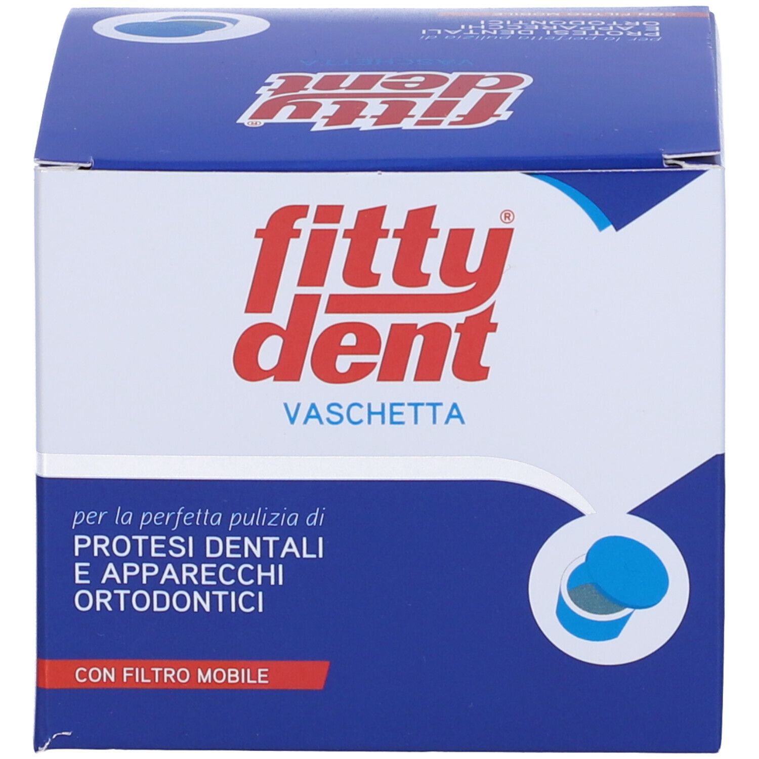 Confezione di Fittydent Vaschetta Portaprotesi. Il nome del marchio e del prodotto sono ben visibili.