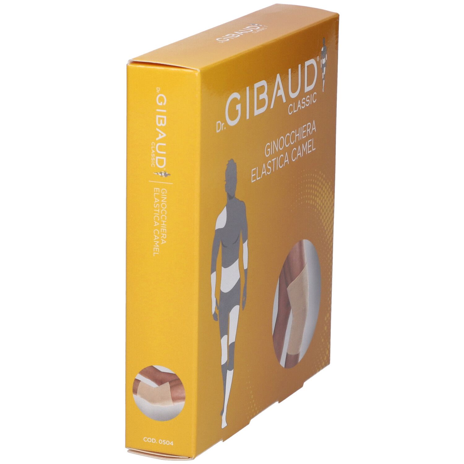Vista laterale della scatola della Ginocchiera Sportiva Gibaud Camel. Scritto: Dr. Gibaud Classic, Ginocchiera Elastica Camel. Immagine del prodotto.
