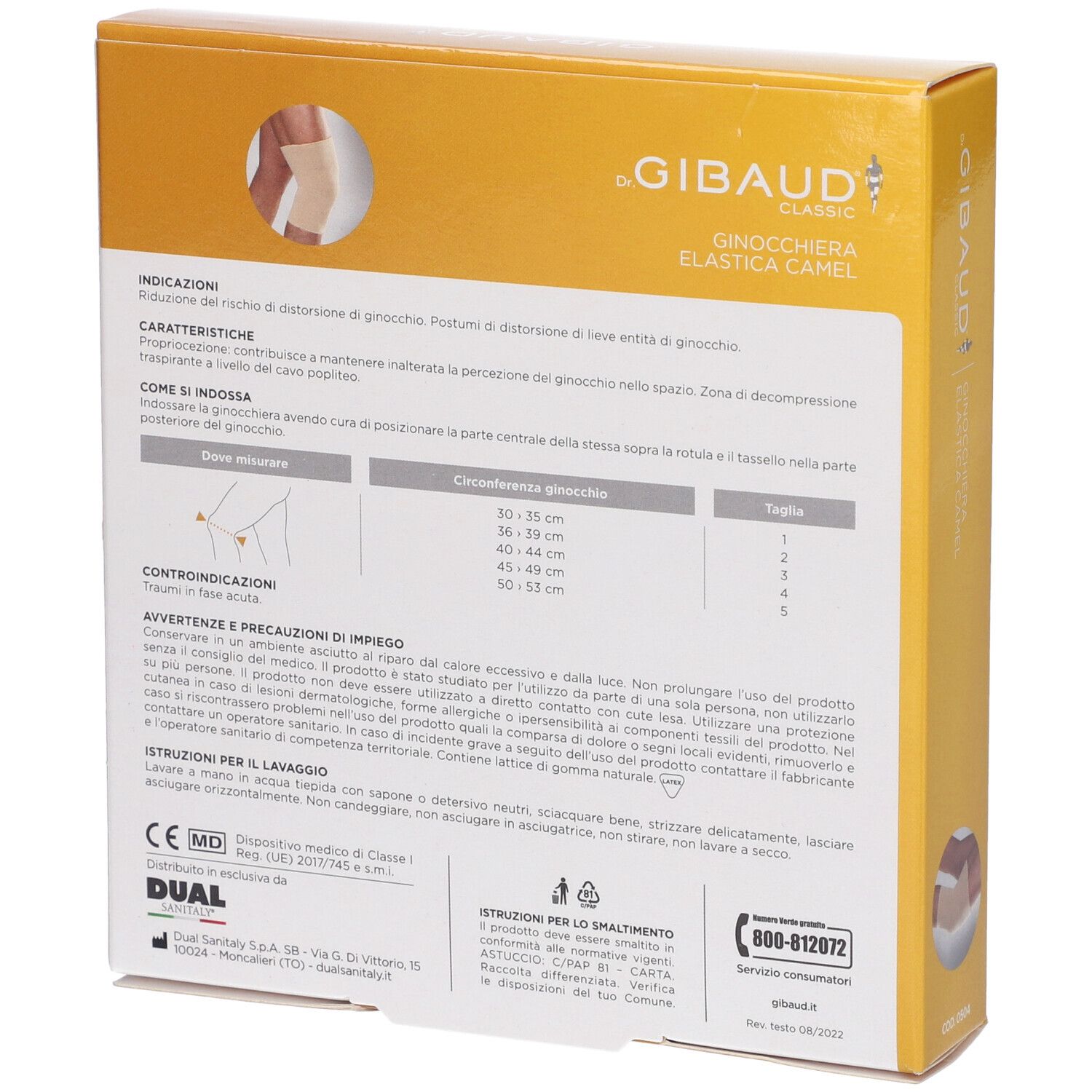 Retro della scatola della Ginocchiera Sportiva Gibaud Camel. Testo in italiano. Informazioni sulle taglie e precauzioni d'uso.