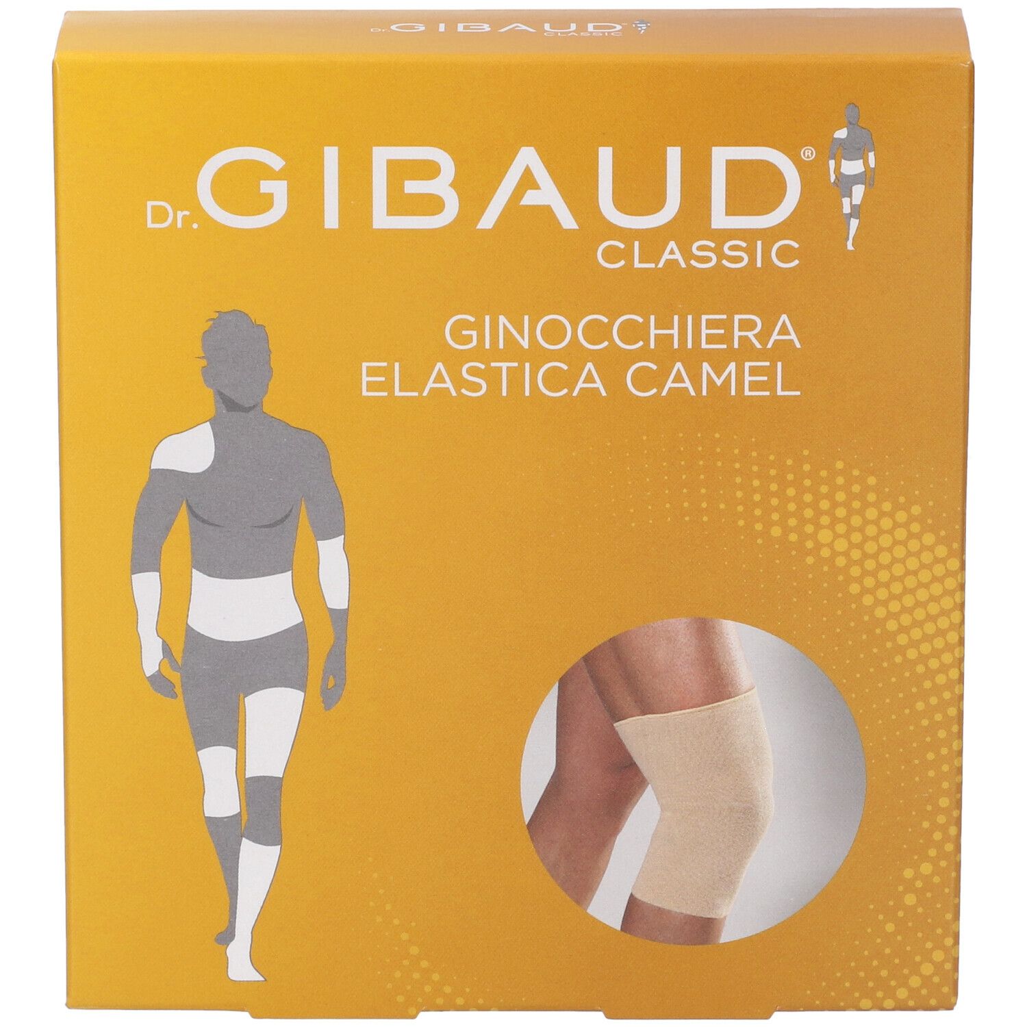 Fronte della scatola della Ginocchiera Sportiva Gibaud Camel. Scritto: Dr. Gibaud Classic, Ginocchiera Elastica Camel. Immagine del prodotto.