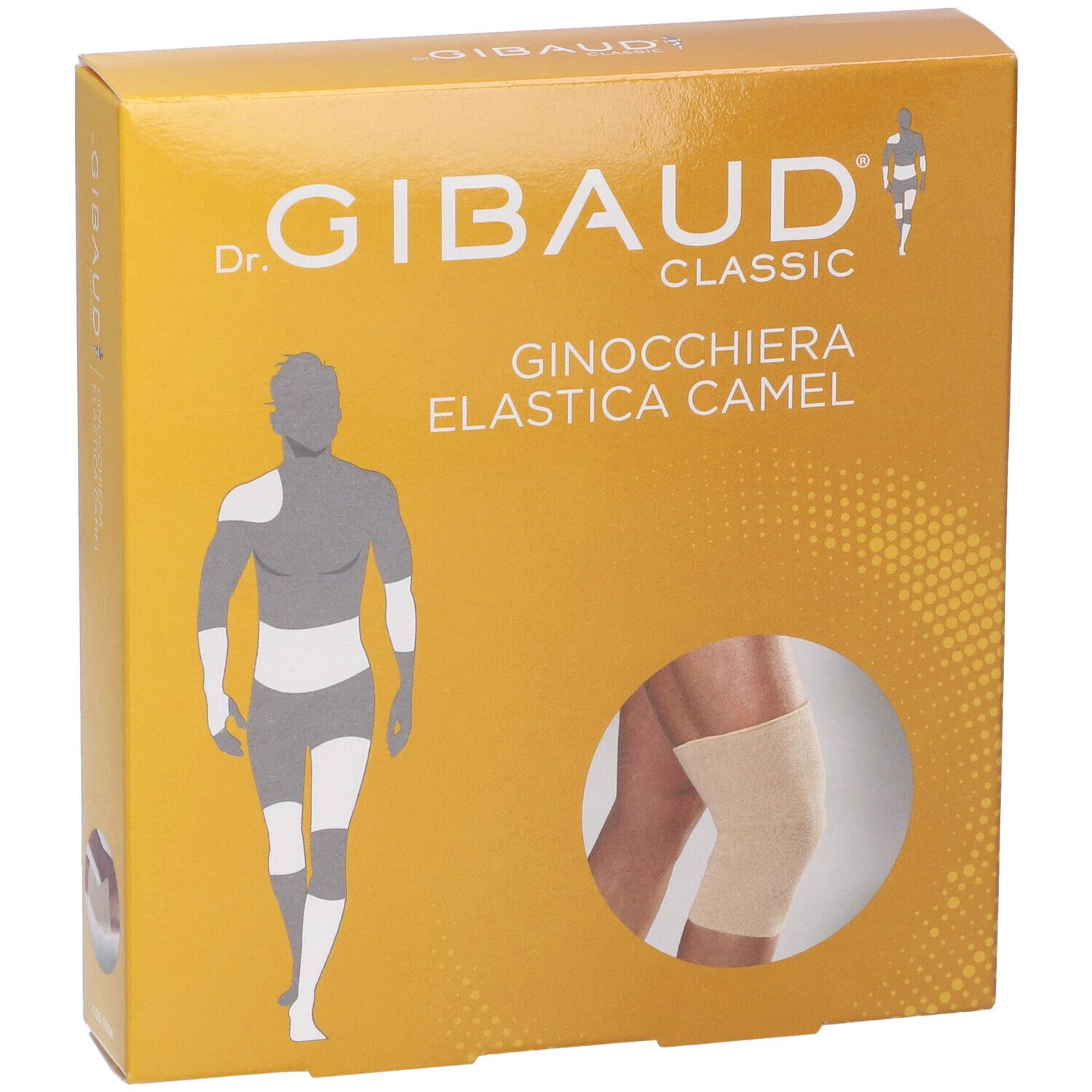 Fronte della scatola della Ginocchiera Sportiva Gibaud Camel. Scritto: Dr. Gibaud Classic, Ginocchiera Elastica Camel. Immagine del prodotto.