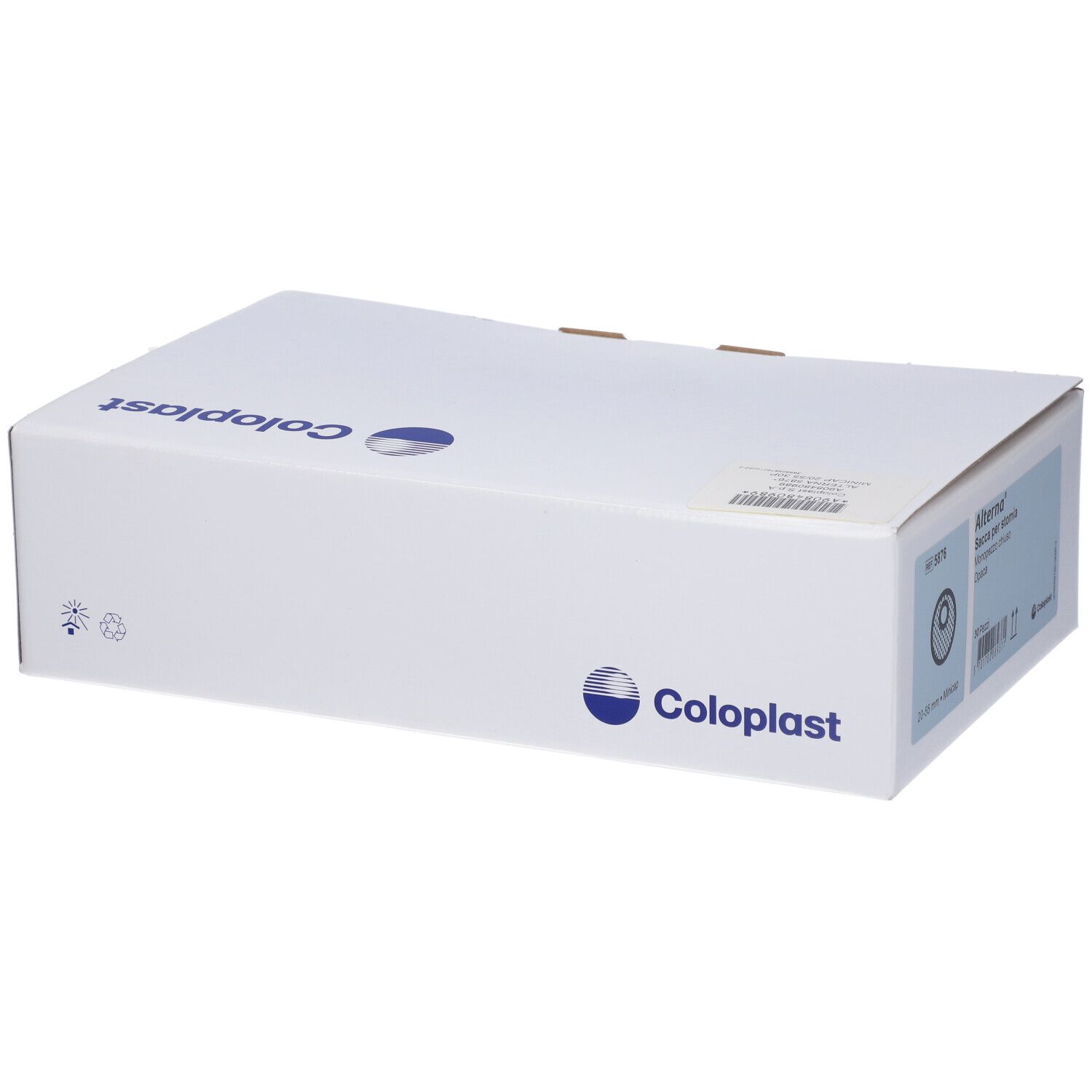 Scatola bianca con logo Coloplast. Scatola rettangolare chiusa.