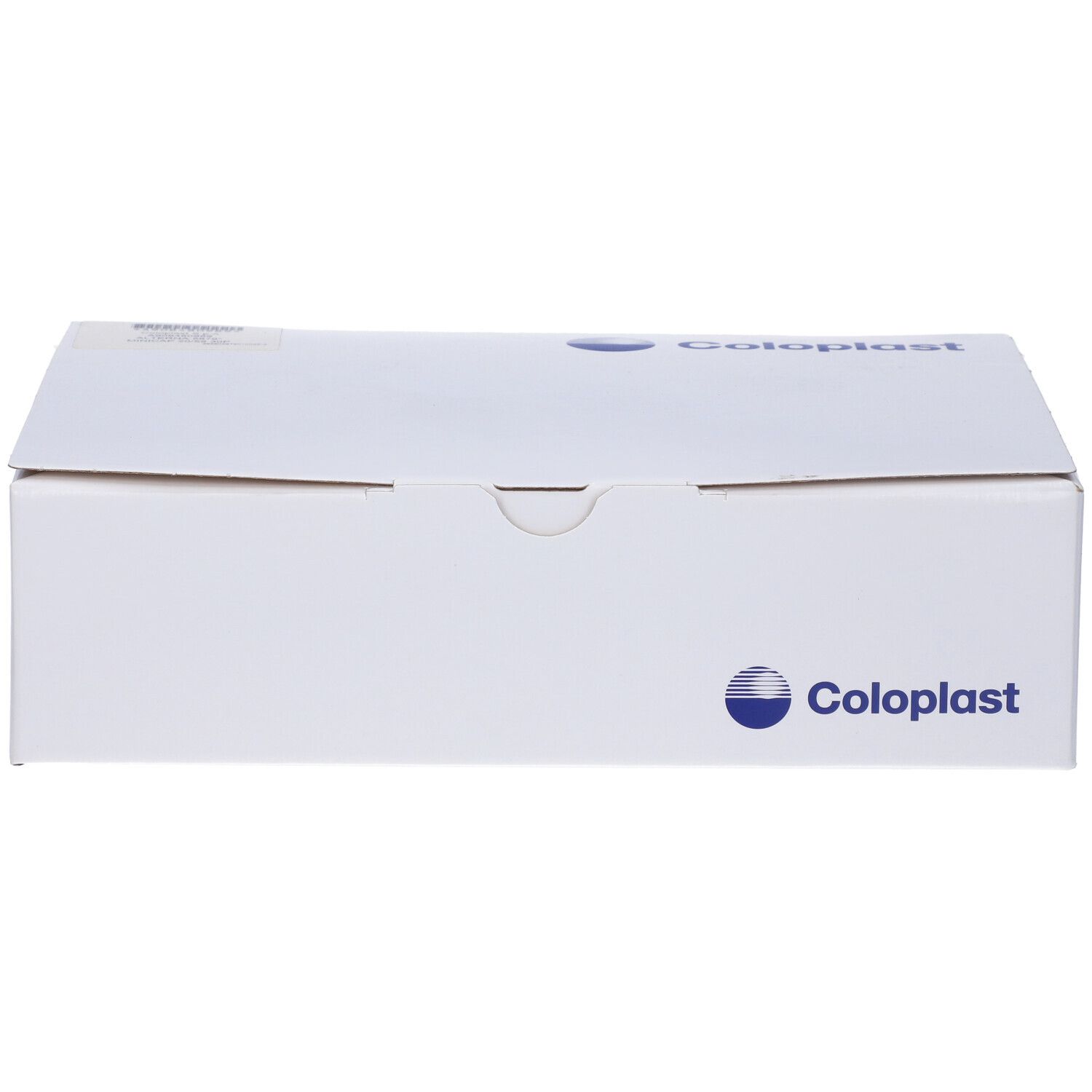 Scatola bianca con logo Coloplast. Scatola rettangolare chiusa.