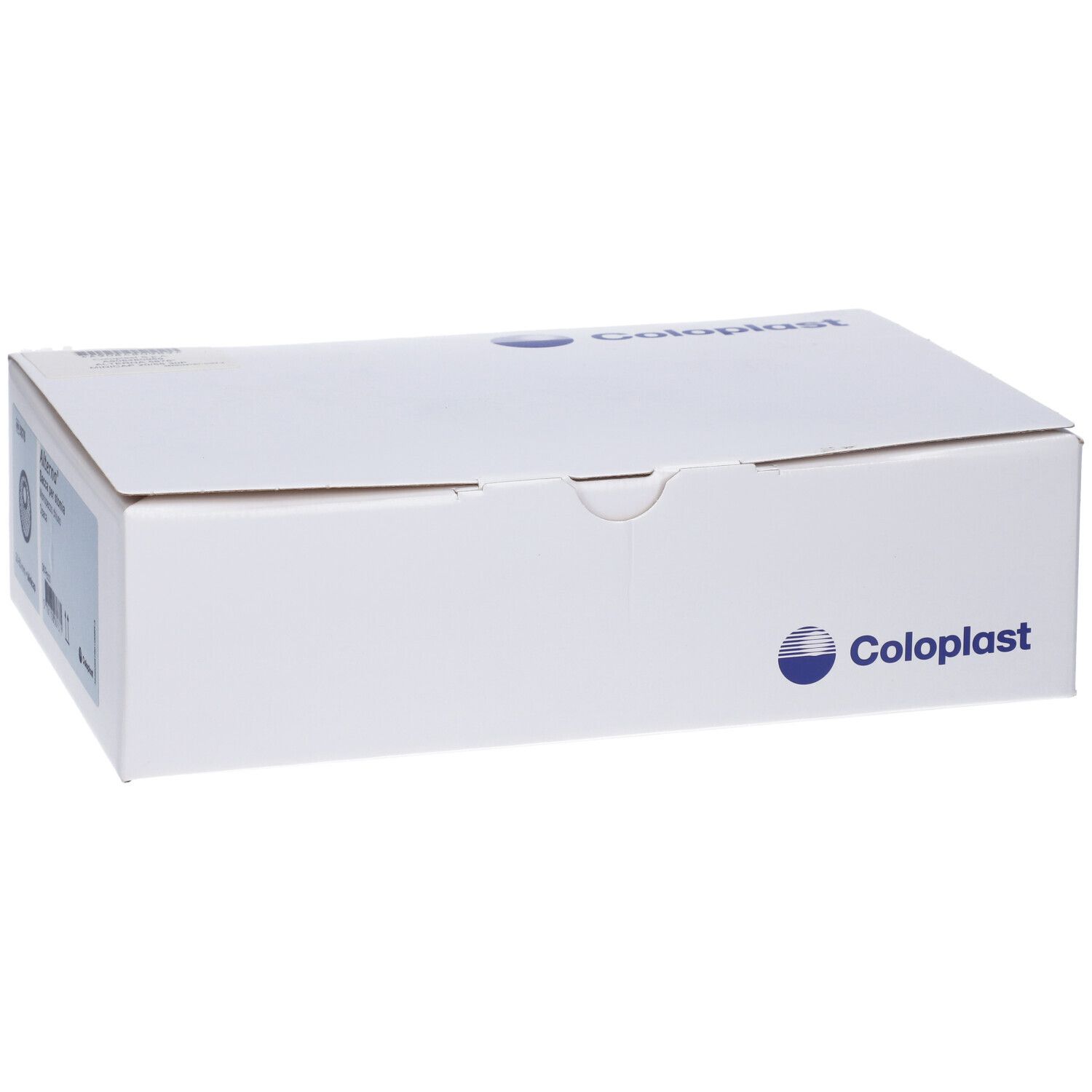 Scatola bianca con logo Coloplast. Scatola rettangolare chiusa.