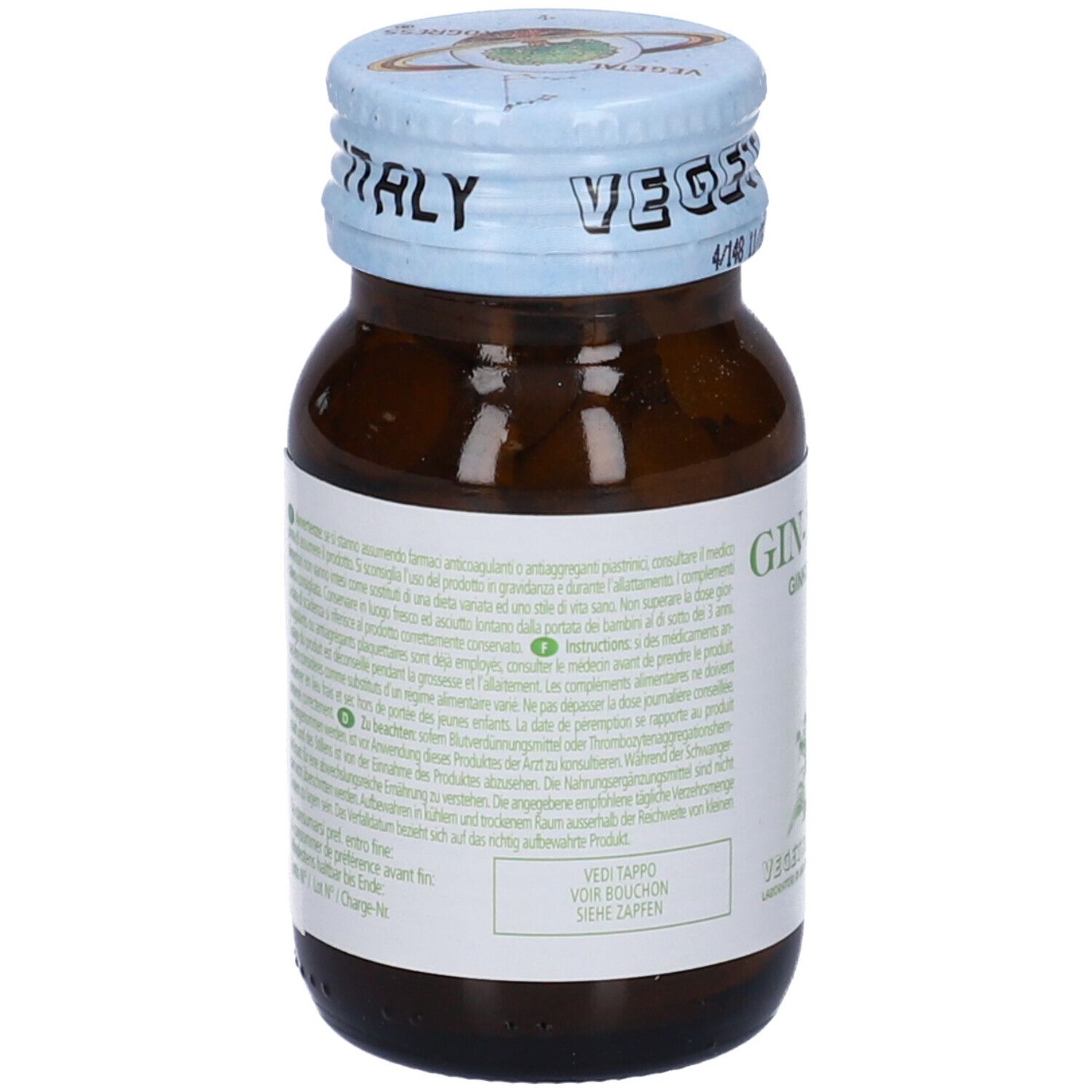 Retro di un flacone di vetro marrone con tappo blu. Informazioni testuali sull'etichetta.