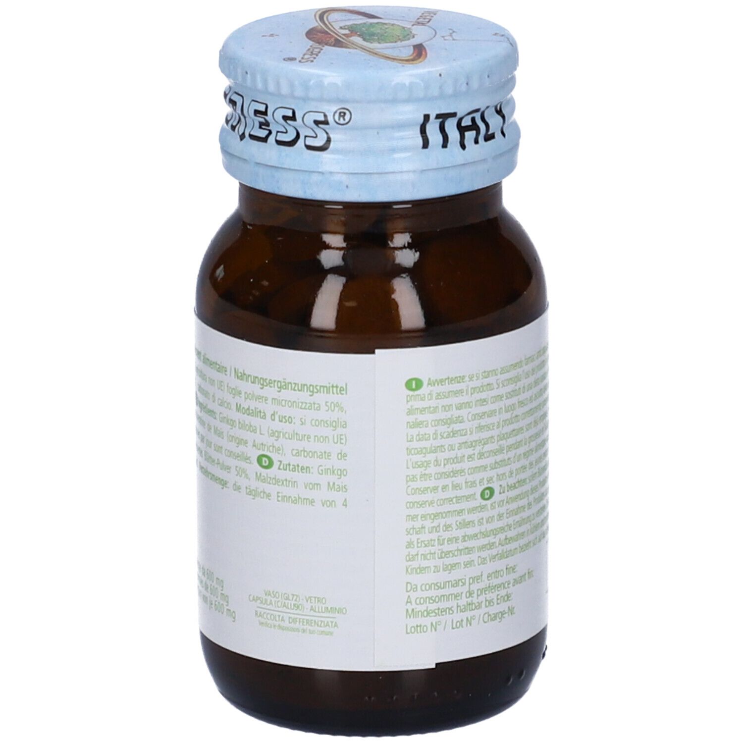 Vista posteriore di un flacone di vetro marrone con tappo blu. Etichetta con informazioni sugli ingredienti.