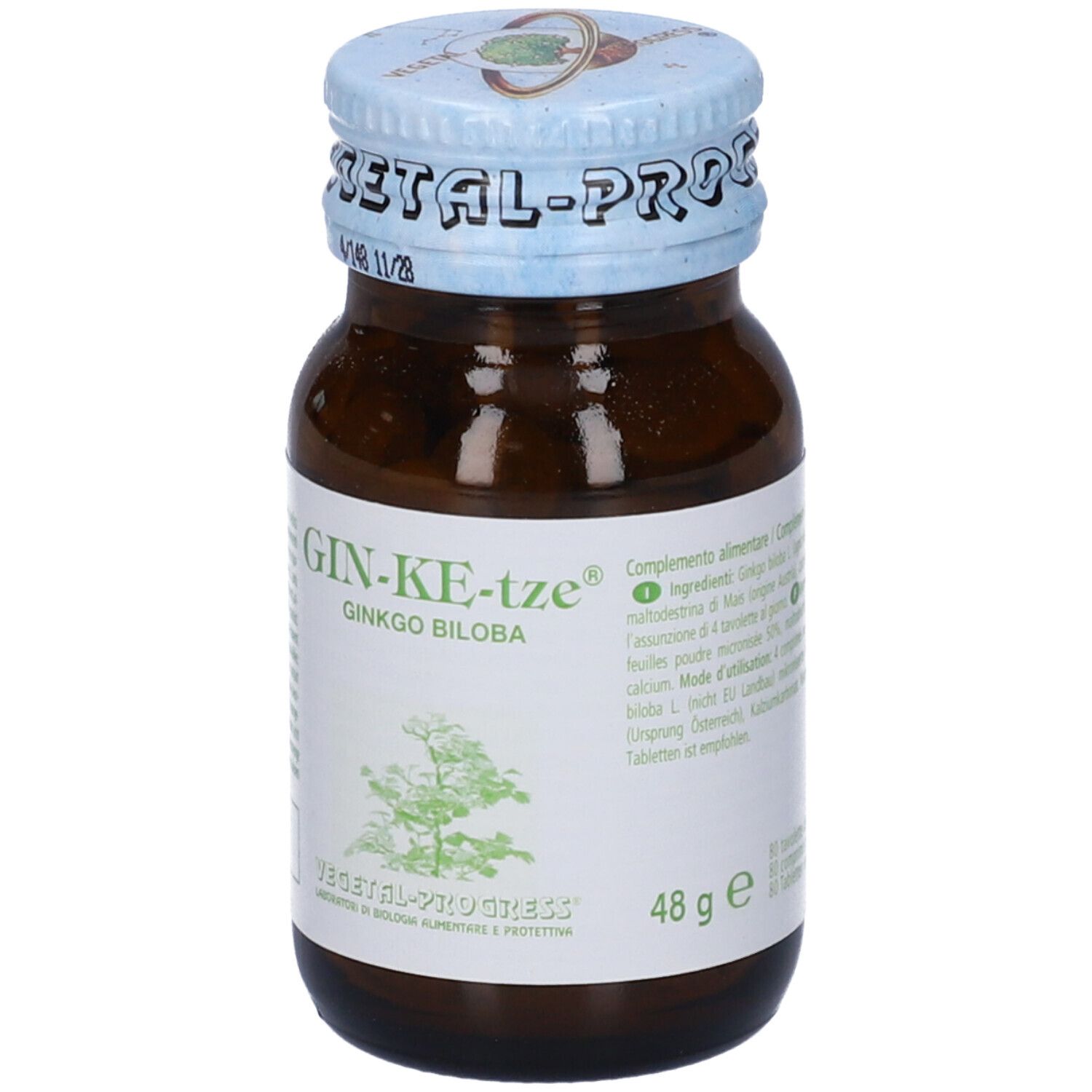 Flacone di vetro marrone con tappo blu. Etichetta con nome del prodotto e informazioni. Peso: 48 g.