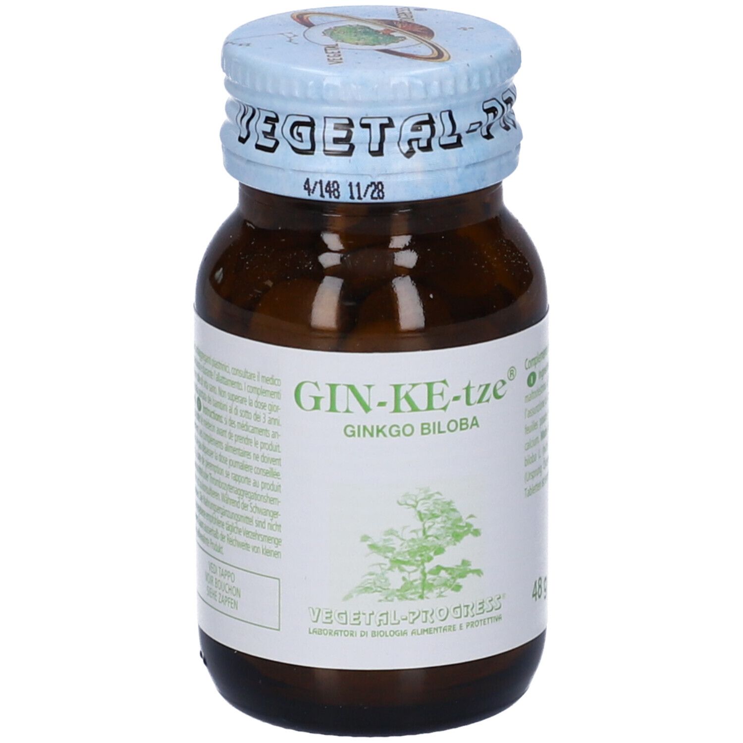 Flacone di vetro marrone con tappo blu. Etichetta con nome del prodotto e informazioni. Peso: 48 g.