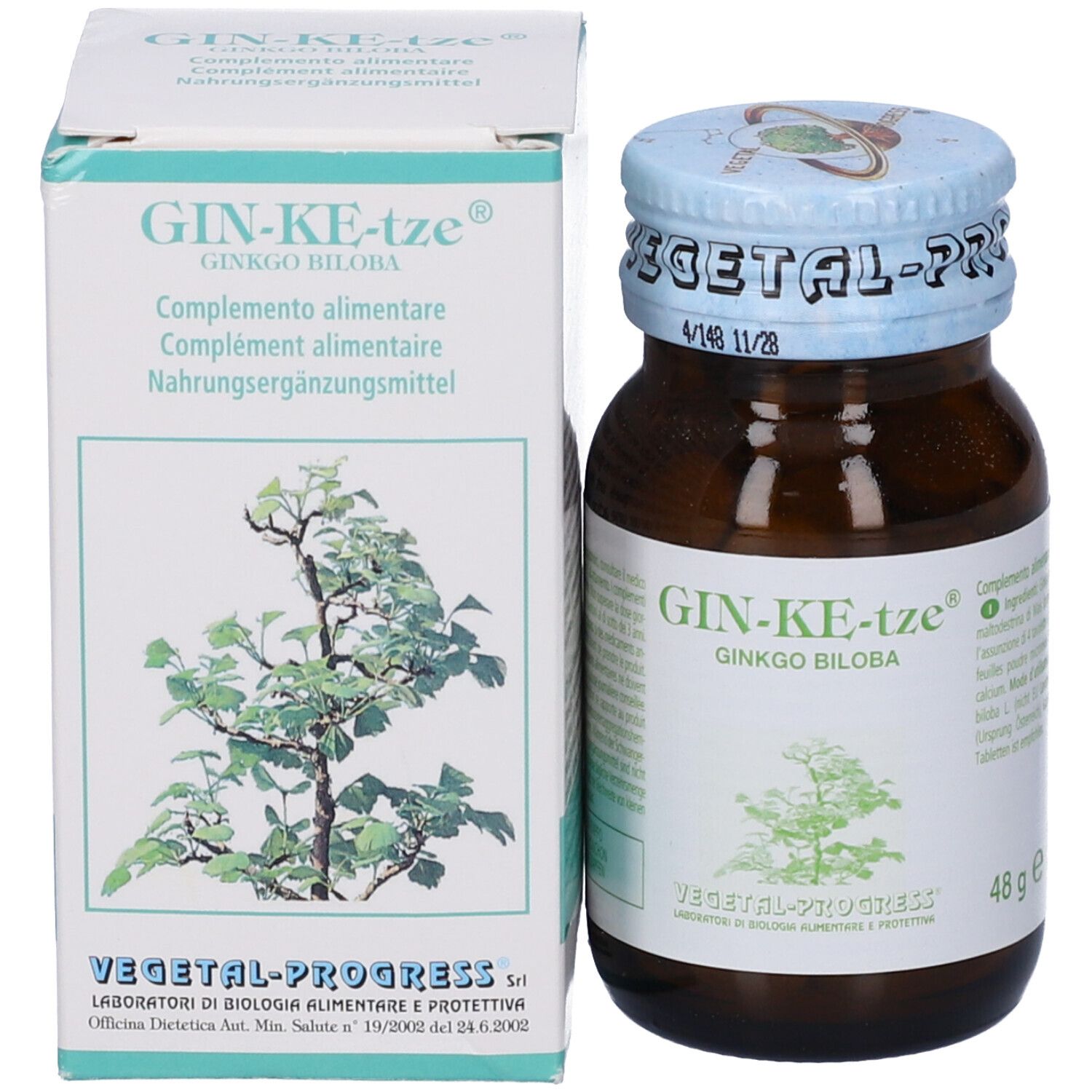 Flacone di vetro marrone e scatola. Scatola con nome del prodotto e illustrazione. Flacone con tappo blu.