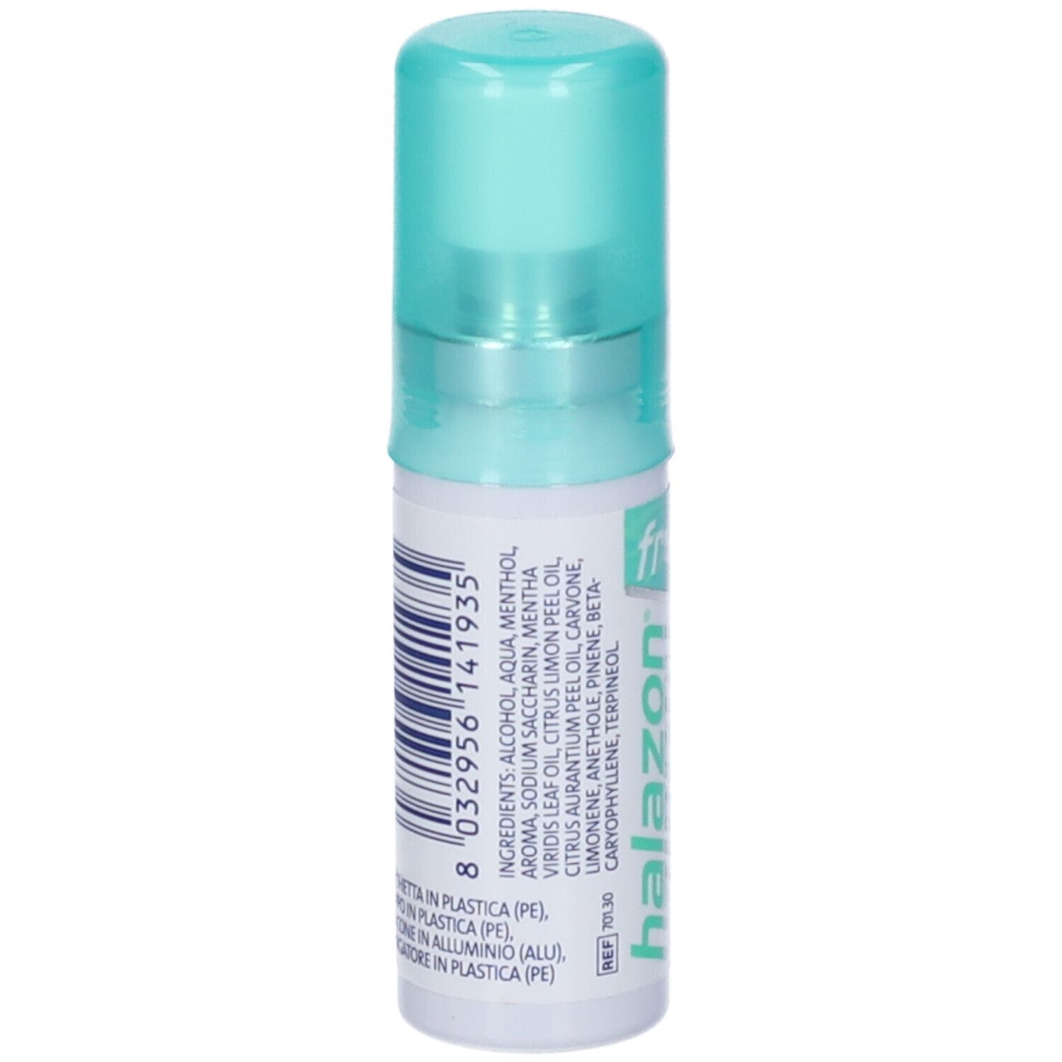 Flacone cilindrico con erogatore verde. Scritta: Ingredienti. Codice a barre. Ingredienti: Aqua, alcool, mentolo, etc.