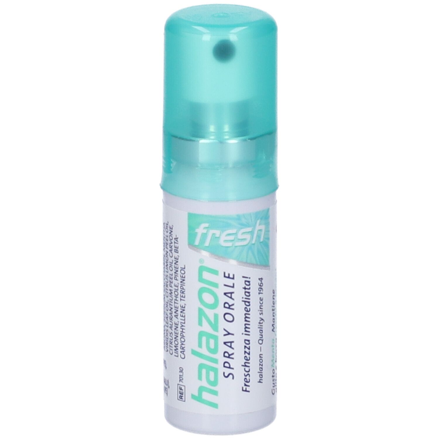 Flacone cilindrico con erogatore verde. Scritta: halazon, fresh, Spray Orale. Qualità dal 1964. Ingredienti.