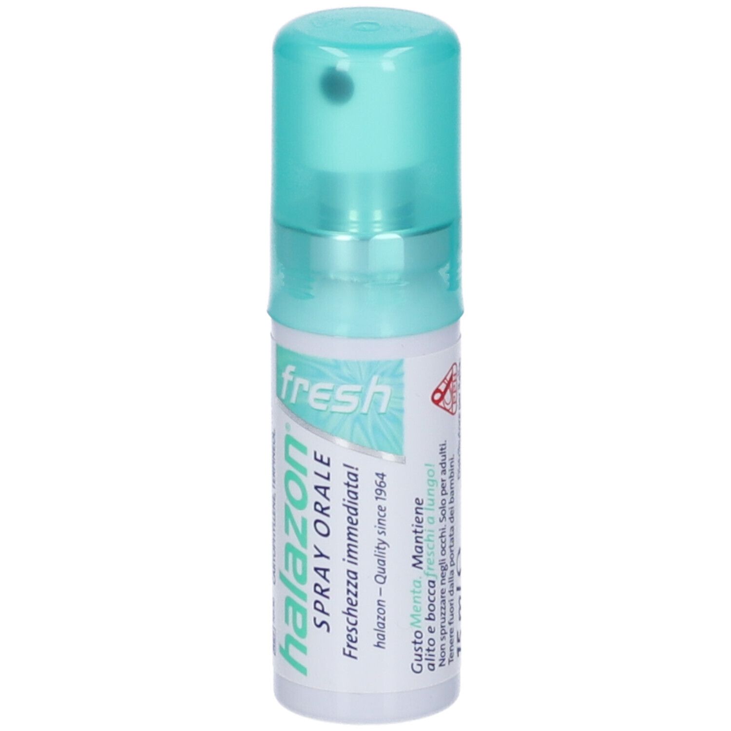 Flacone cilindrico con erogatore verde. Scritta: halazon, fresh, Spray Orale. Qualità dal 1964. Gusto menta.