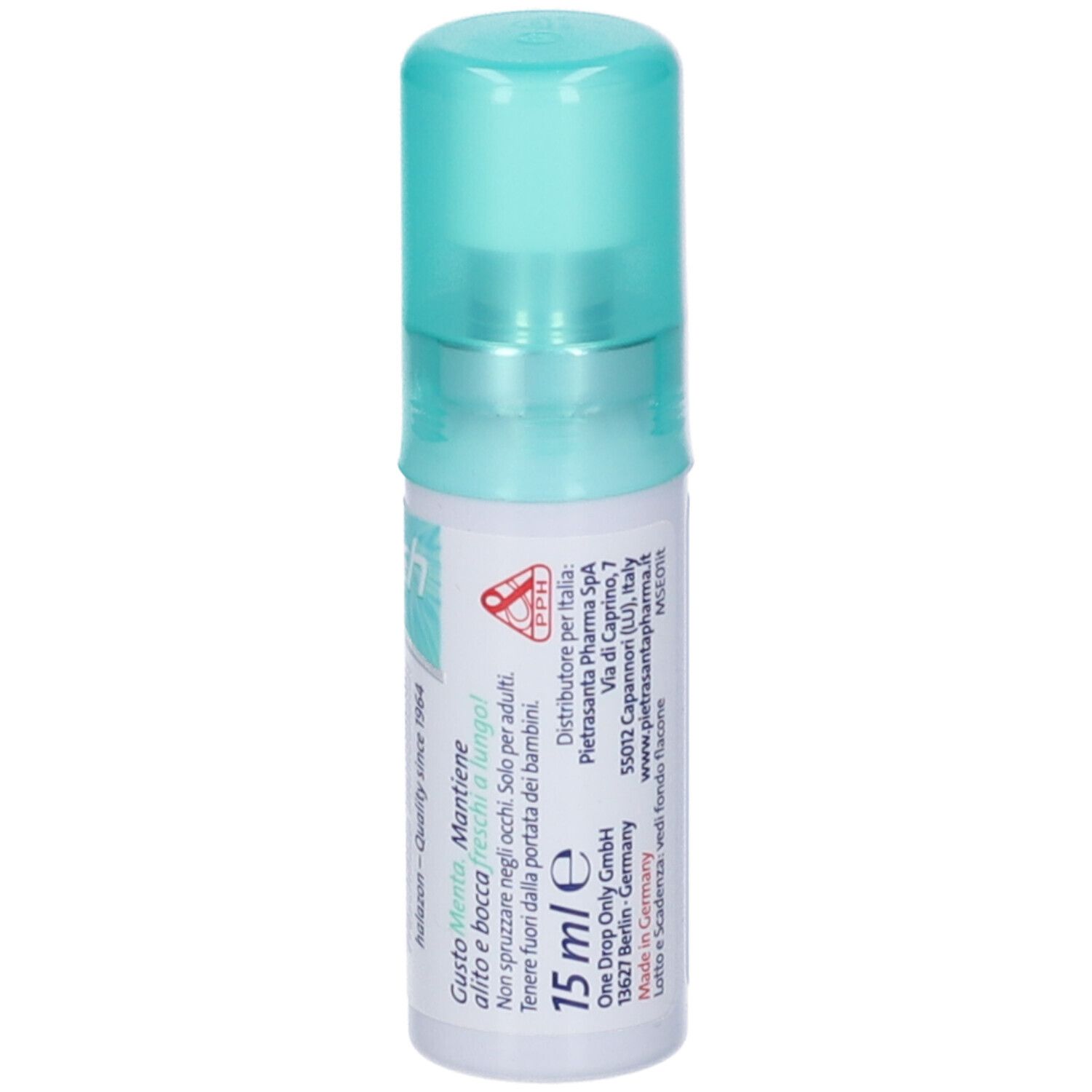 Flacone cilindrico con erogatore verde. Scritta: 15 ml. Gusto menta. Non spruzzare negli occhi. Tenere fuori dalla portata dei bambini.