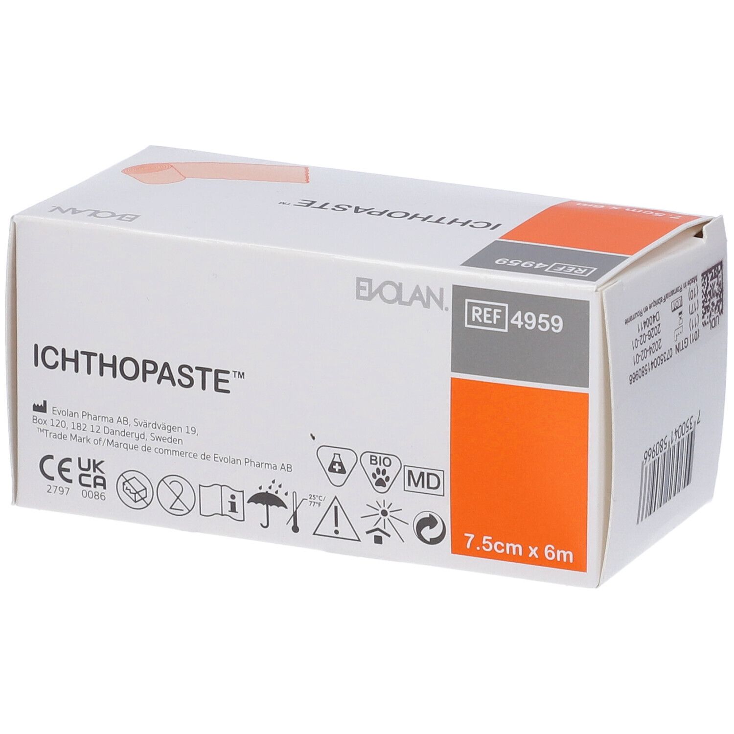Confezione di benda Ichthopaste. Scritta: 7,5 cm x 6 m. Marchio: Evolan. Riferimento: 4959. Marchio CE.