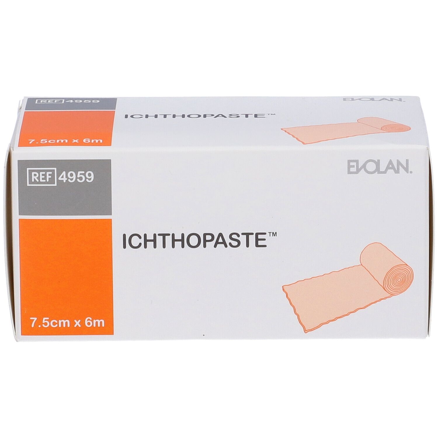 Confezione di benda Ichthopaste. Scritta: 7,5 cm x 6 m. Marchio: Evolan. Riferimento: 4959.