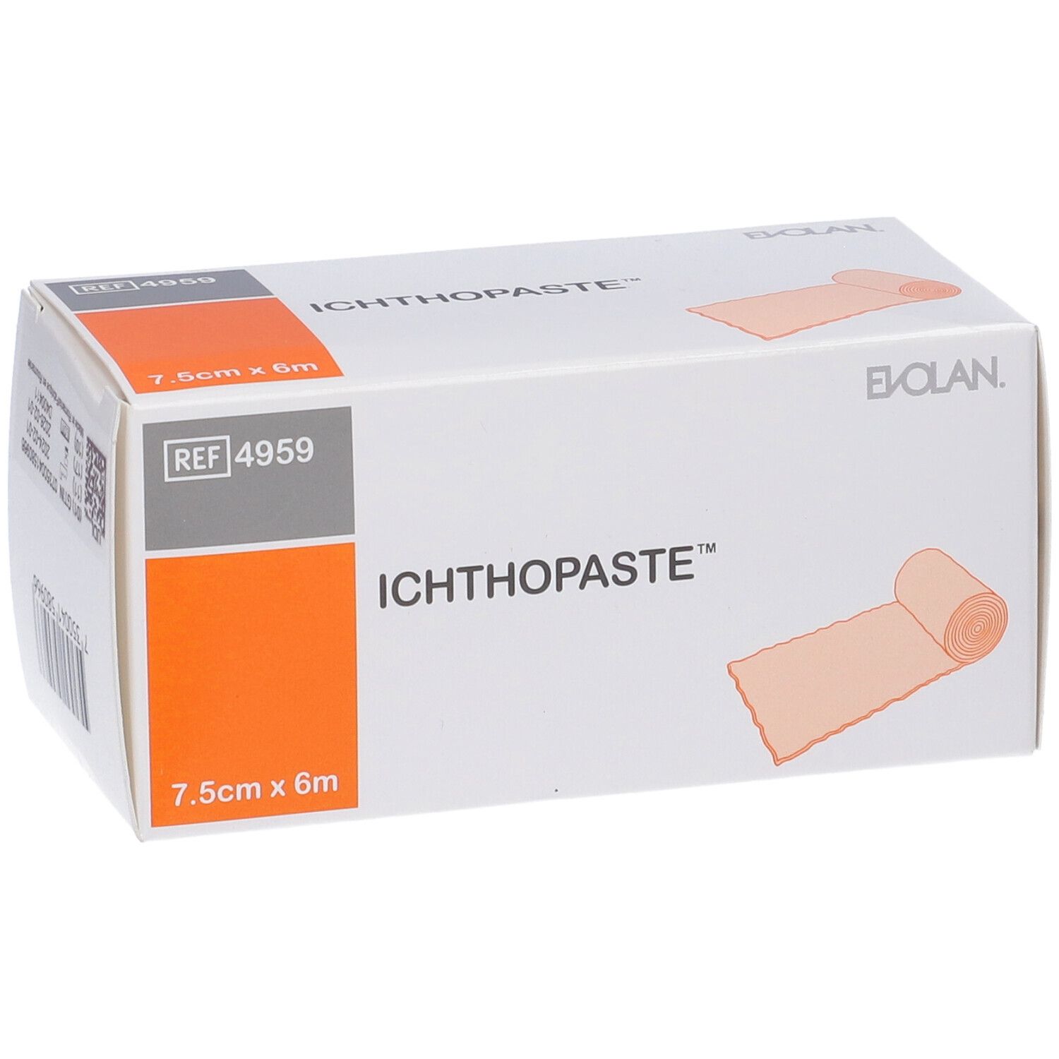 Confezione di benda Ichthopaste. Scritta: 7,5 cm x 6 m. Marchio: Evolan. Riferimento: 4959.