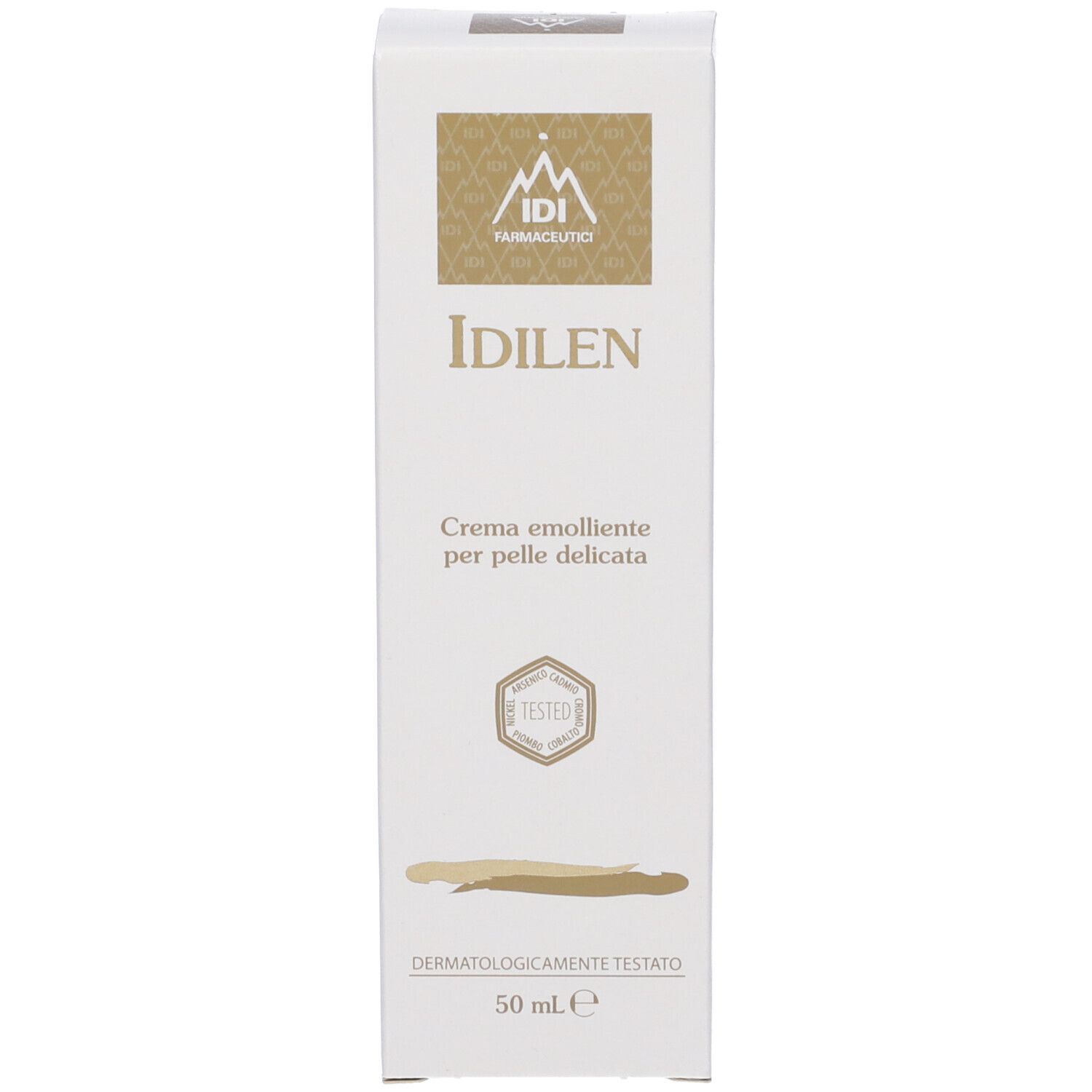 Confezione in cartone con logo e nome del prodotto. Testo: « Crema emolliente per pelle delicata ». 50 ml.