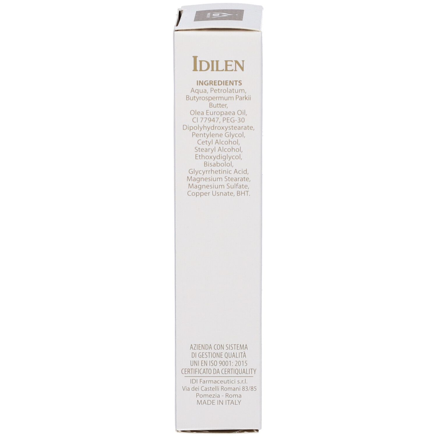 Retro della confezione in cartone. Gli ingredienti sono elencati. Certificazione e informazioni del produttore.