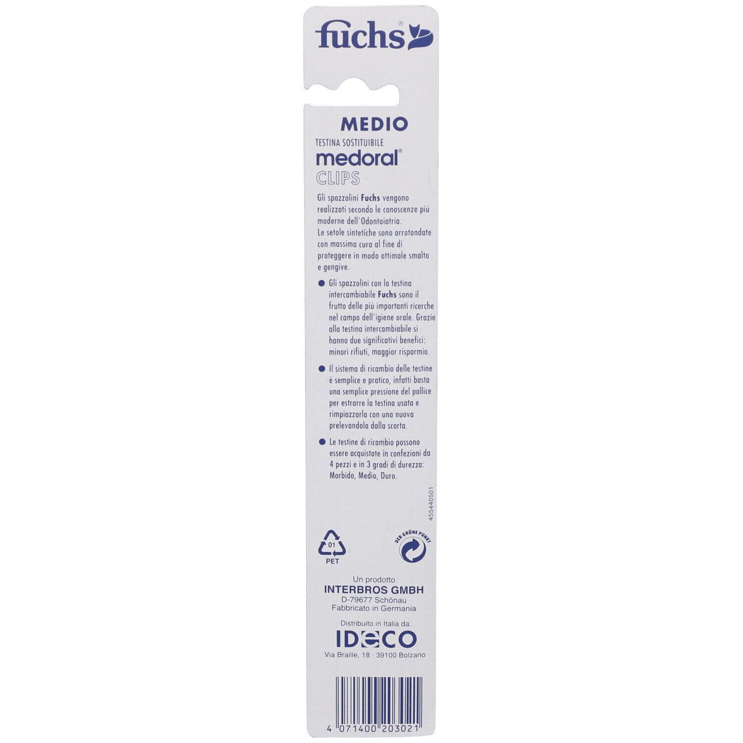 Retro della confezione. Testo in italiano. Marchio Fuchs, modello Medoral Clips.