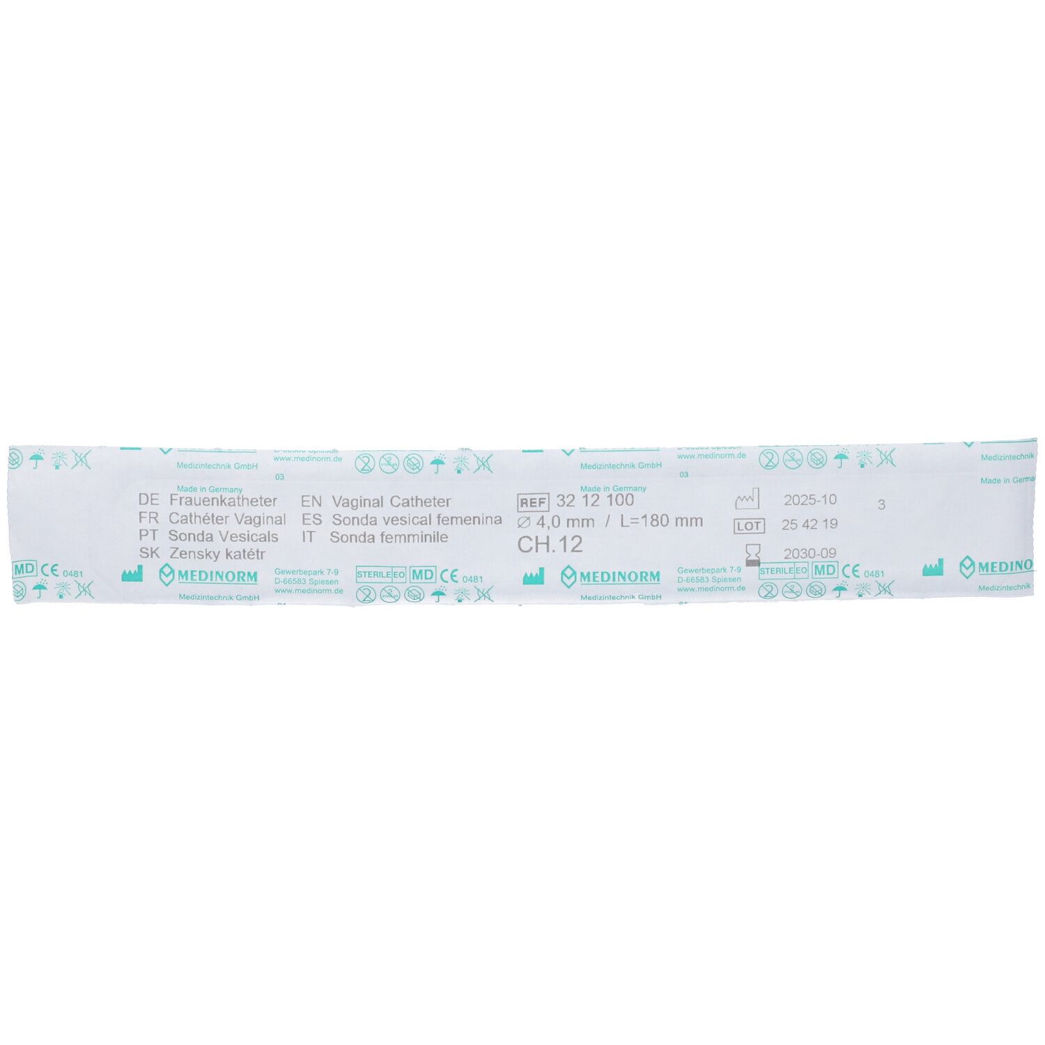 Sonda medica confezionata. Pellicola trasparente con testo. CH.12, L 180 mm.