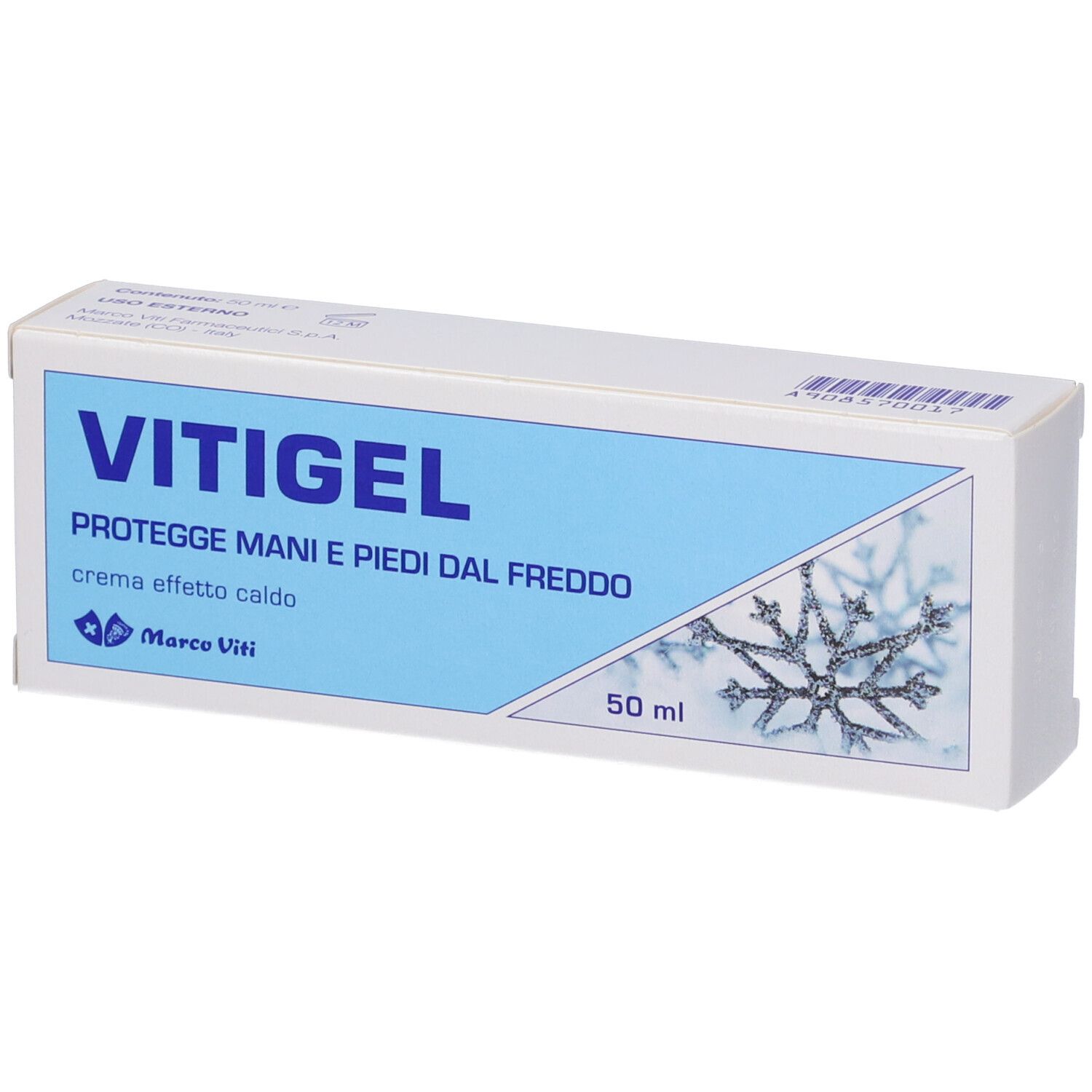 Scatola bianca con riquadro blu. Scritta: VITIGEL, PROT. MANI E PIEDI DAL FREDDO, crema effetto caldo. Marchio Marco Viti. 50 ml.