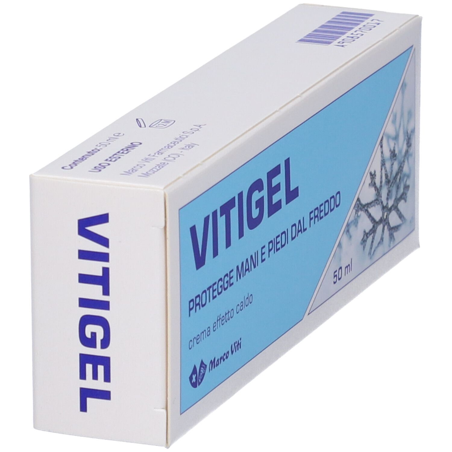 Scatola bianca con riquadro blu. Scritta: VITIGEL, PROT. MANI E PIEDI DAL FREDDO, crema effetto caldo. Marchio Marco Viti. 50 ml.