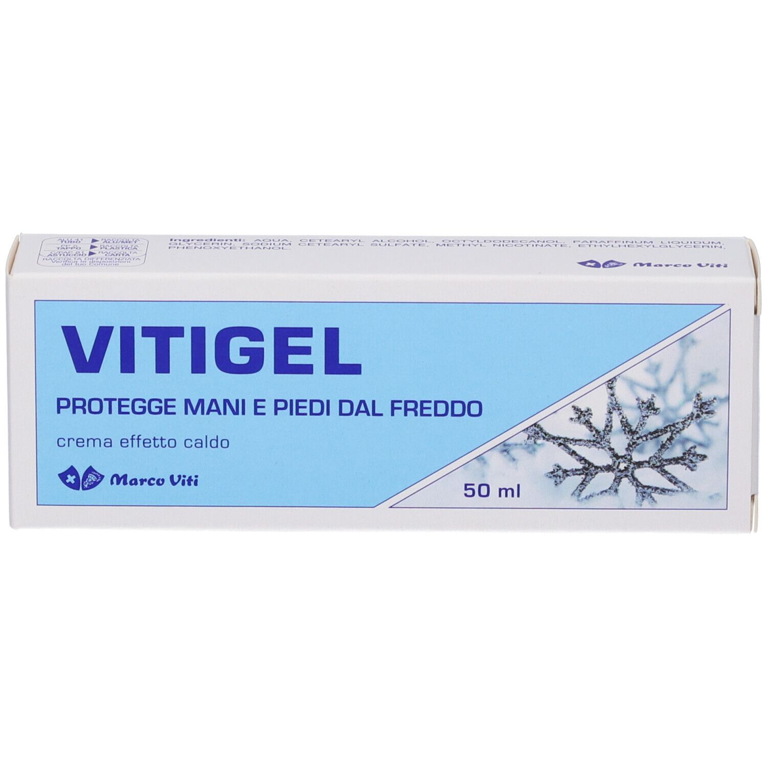 Scatola bianca con riquadro blu. Scritta: VITIGEL, PROT. MANI E PIEDI DAL FREDDO, crema effetto caldo. Marchio Marco Viti. 50 ml.