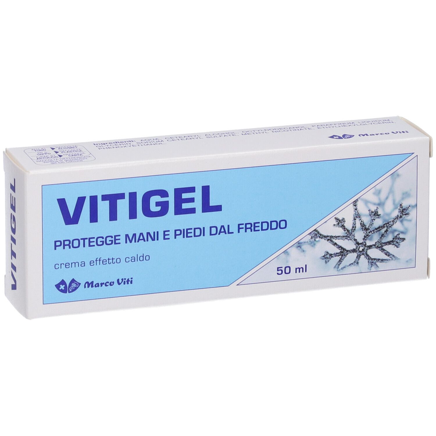 Scatola bianca con riquadro blu. Scritta: VITIGEL, PROT. MANI E PIEDI DAL FREDDO, crema effetto caldo. Marchio Marco Viti. 50 ml.