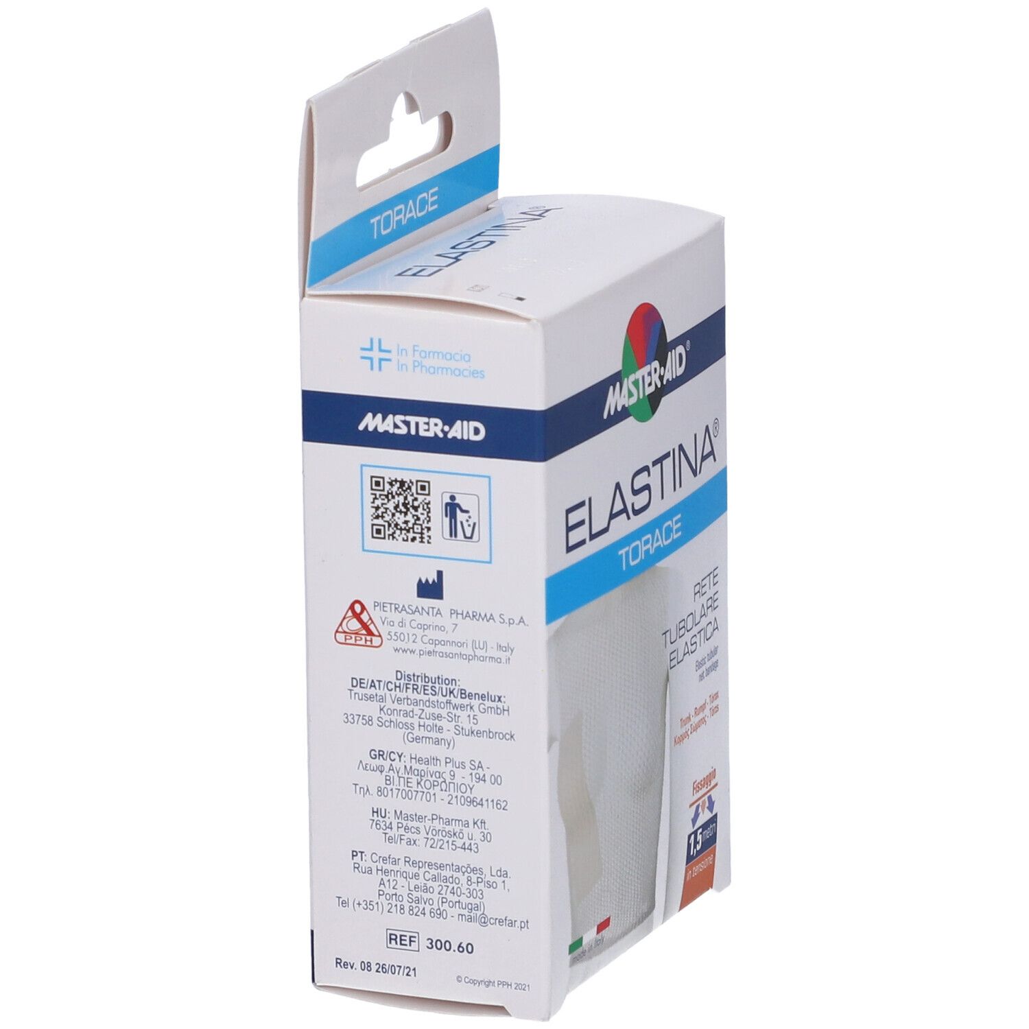 Scatola Master-Aid Elastina Torace, vista laterale. Testo e QR code. Dispositivo medico.