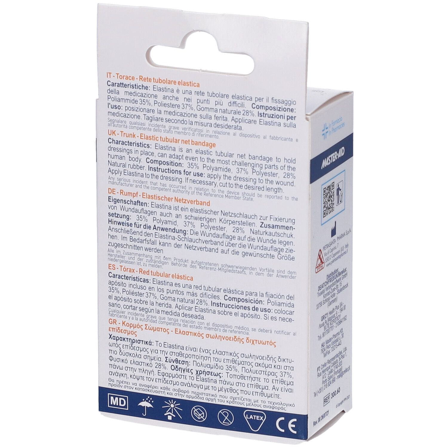 Retro scatola Master-Aid Elastina Torace. Testo multilingue. Dispositivo medico.