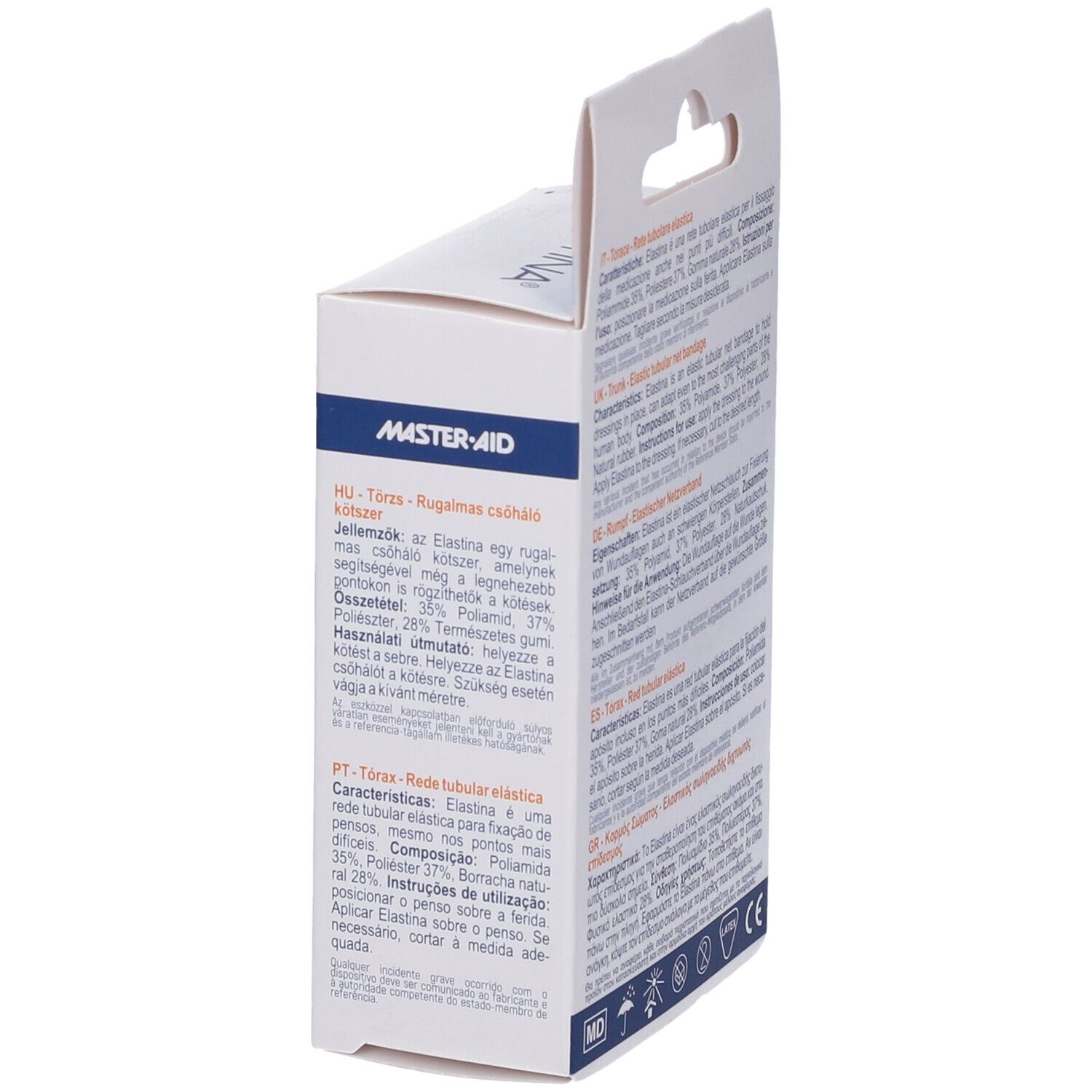 Lato scatola Master-Aid Elastina Torace. Testo multilingue. Dispositivo medico.