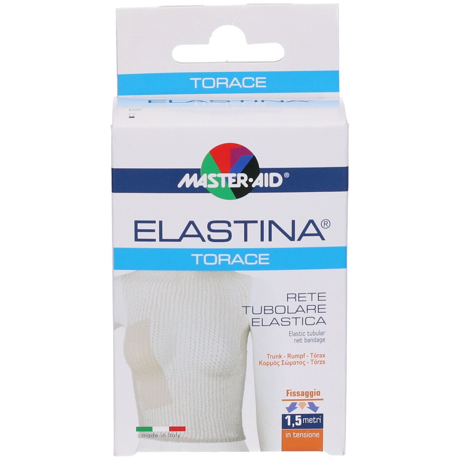 Confezione Master-Aid Elastina Torace. Bendaggio tubulare elastico bianco per torace. 1,5 metri.